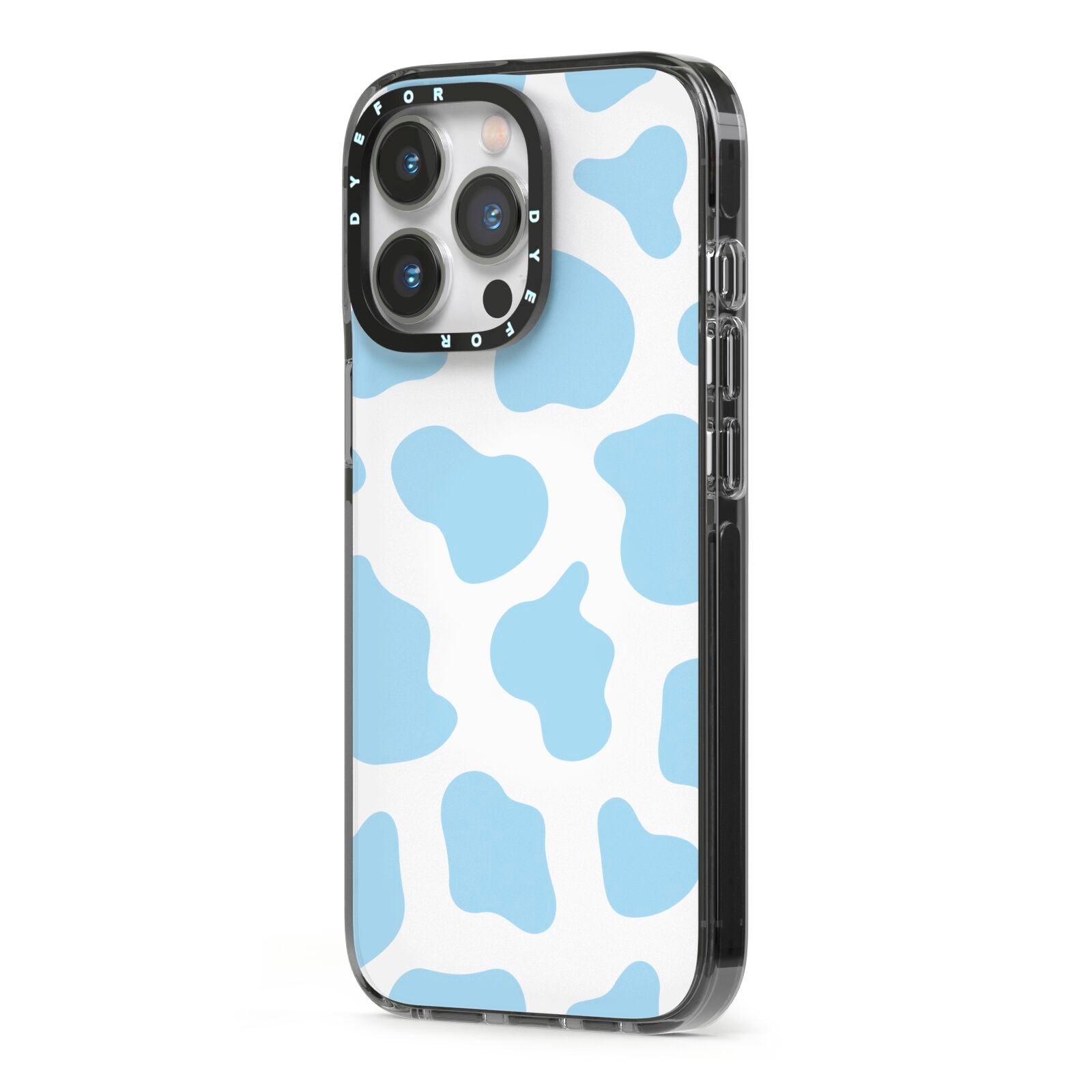 Blue Cow Print iPhone 13 Pro Black Impact Case Side Angle on Silver phone