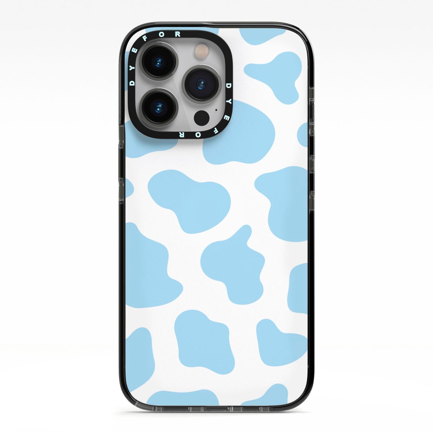 Blue Cow Print iPhone 13 Pro Black Impact Case on Silver phone