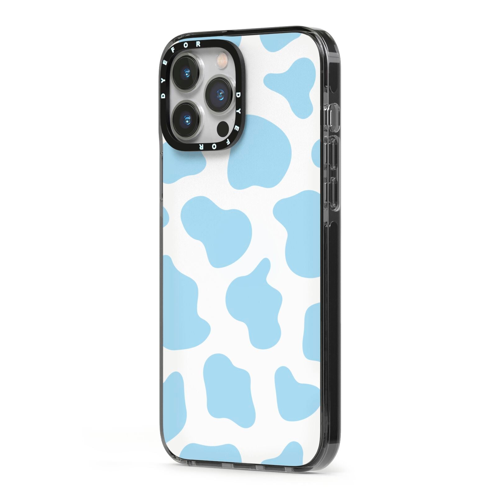 Blue Cow Print iPhone 13 Pro Max Black Impact Case Side Angle on Silver phone