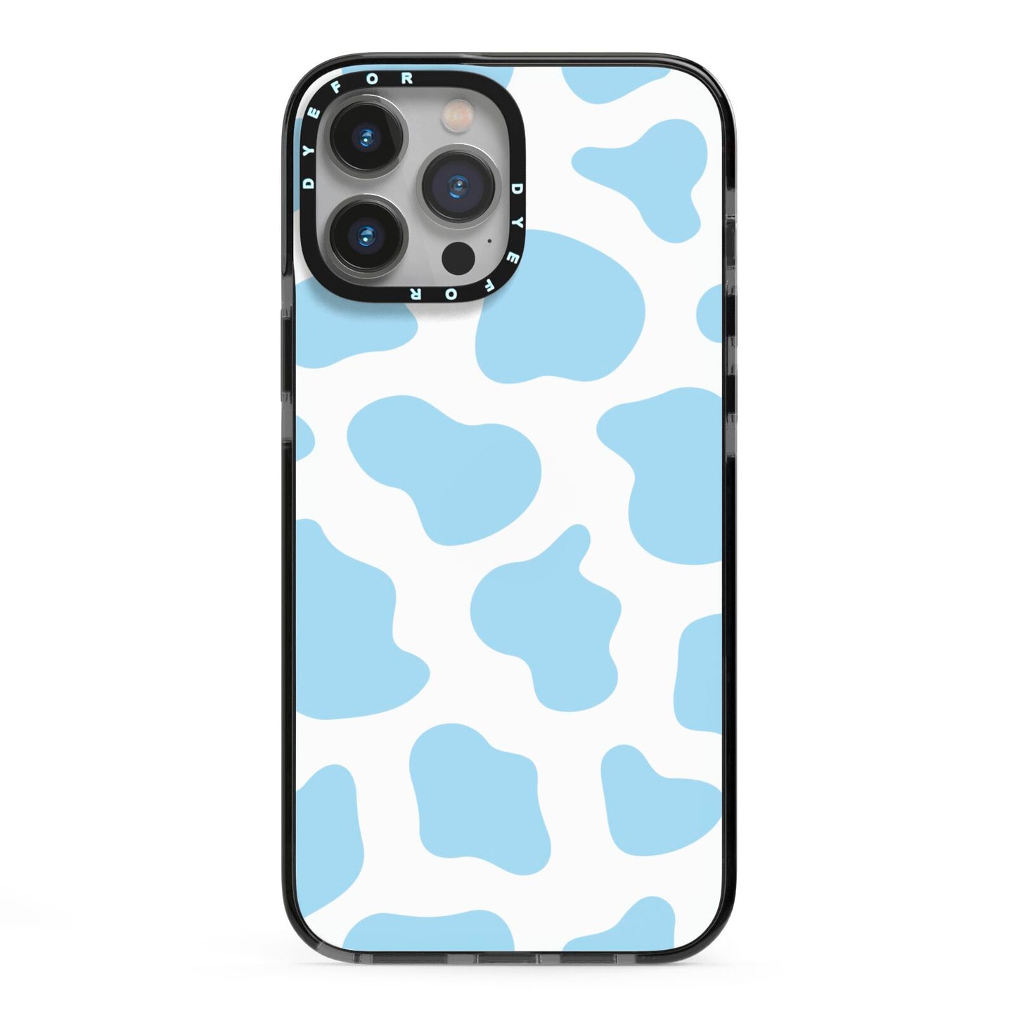 Blue Cow Print iPhone 13 Pro Max Black Impact Case on Silver phone