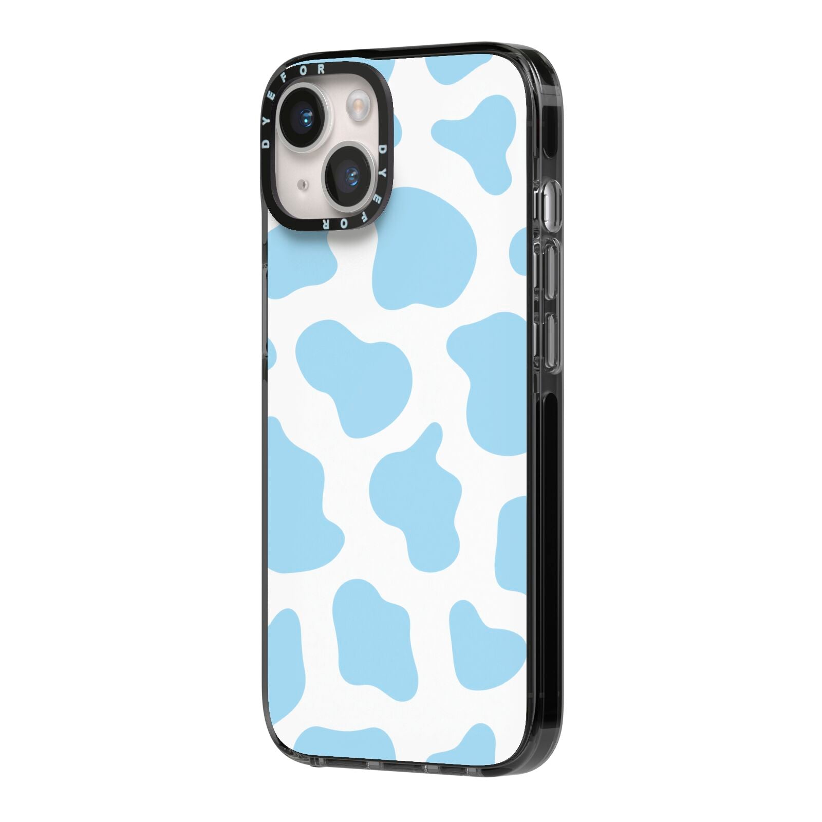 Blue Cow Print iPhone 14 Black Impact Case Side Angle on Silver phone