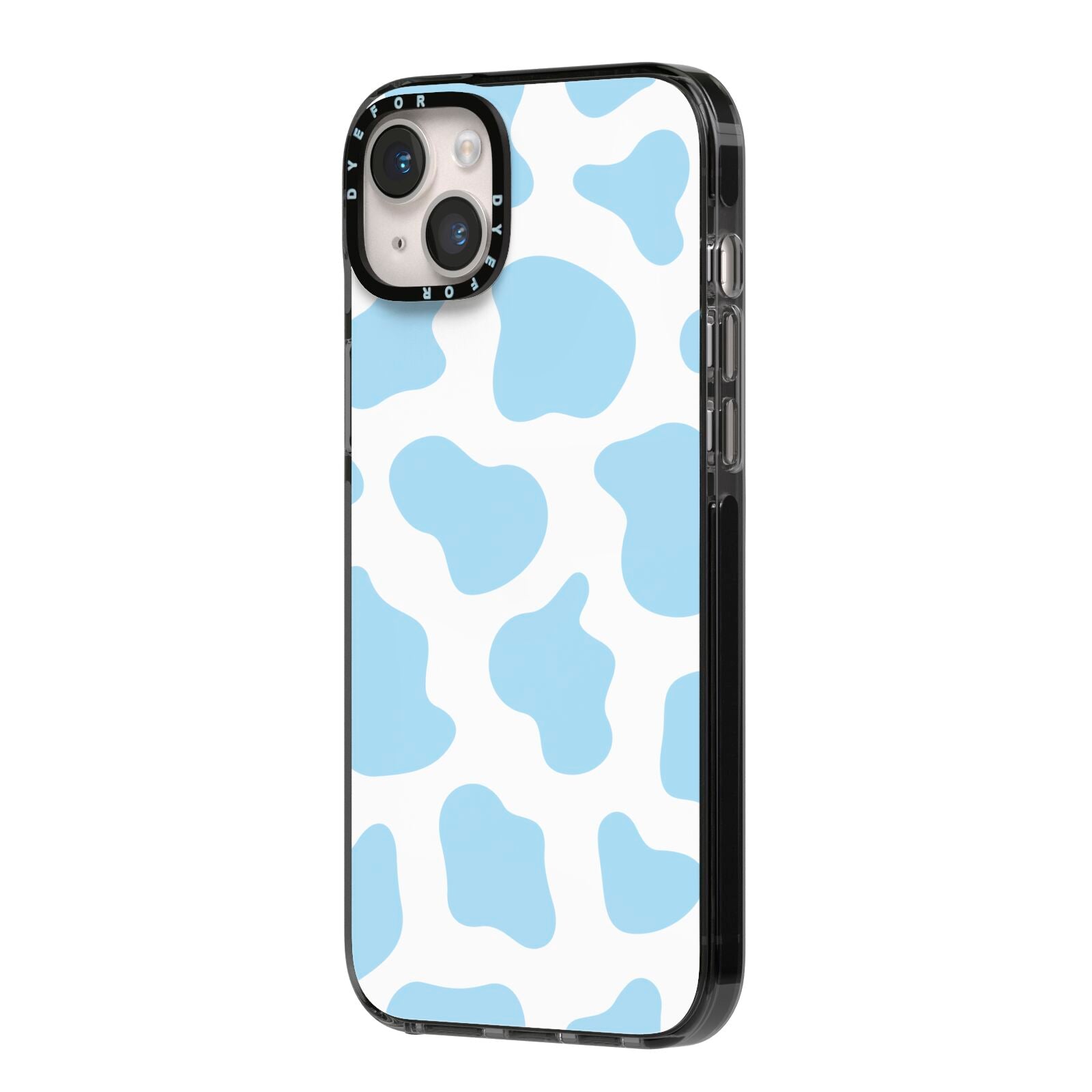 Blue Cow Print iPhone 14 Plus Black Impact Case Side Angle on Silver phone