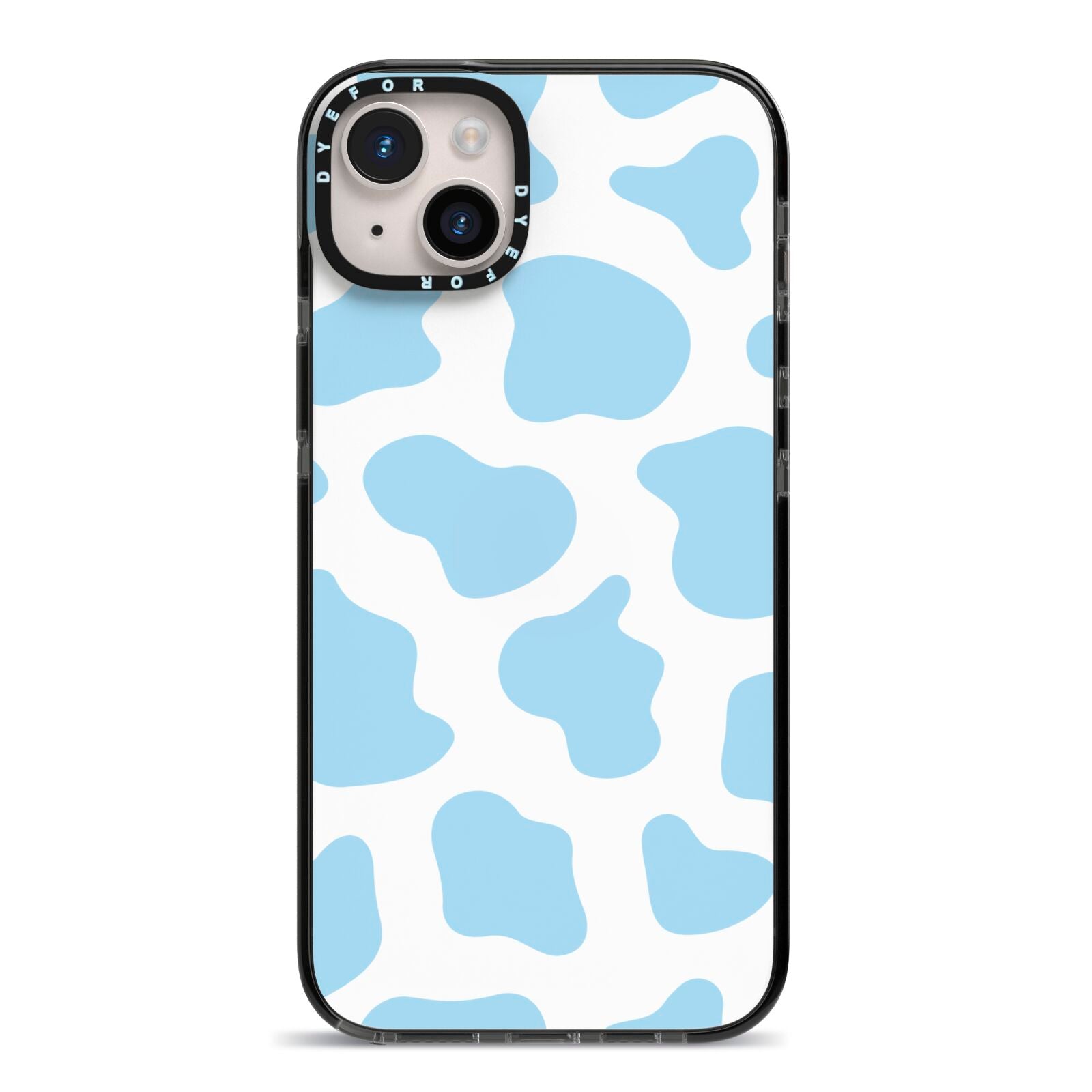 Blue Cow Print iPhone 14 Plus Black Impact Case on Silver phone