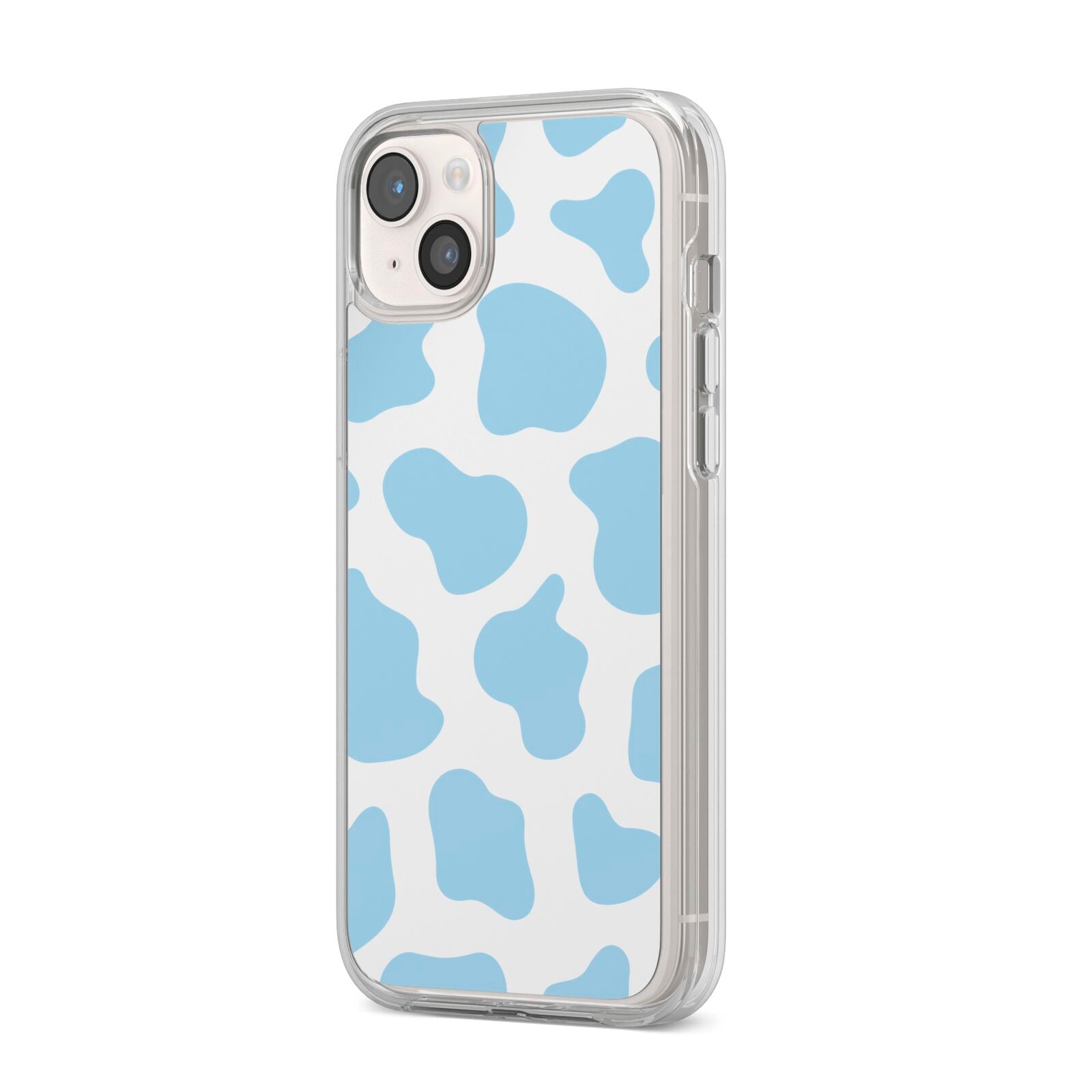 Blue Cow Print iPhone 14 Plus Clear Tough Case Starlight Angled Image