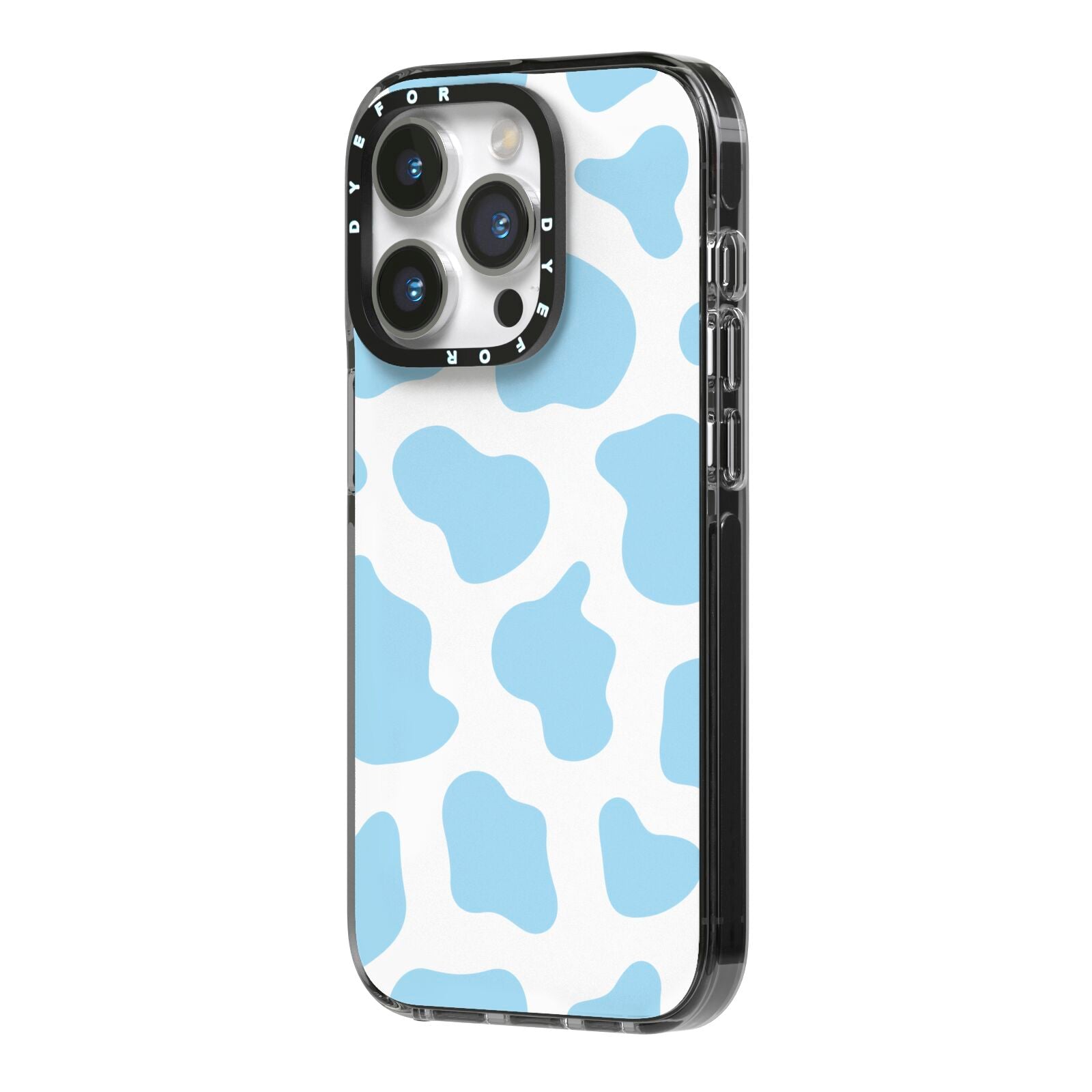 Blue Cow Print iPhone 14 Pro Black Impact Case Side Angle on Silver phone