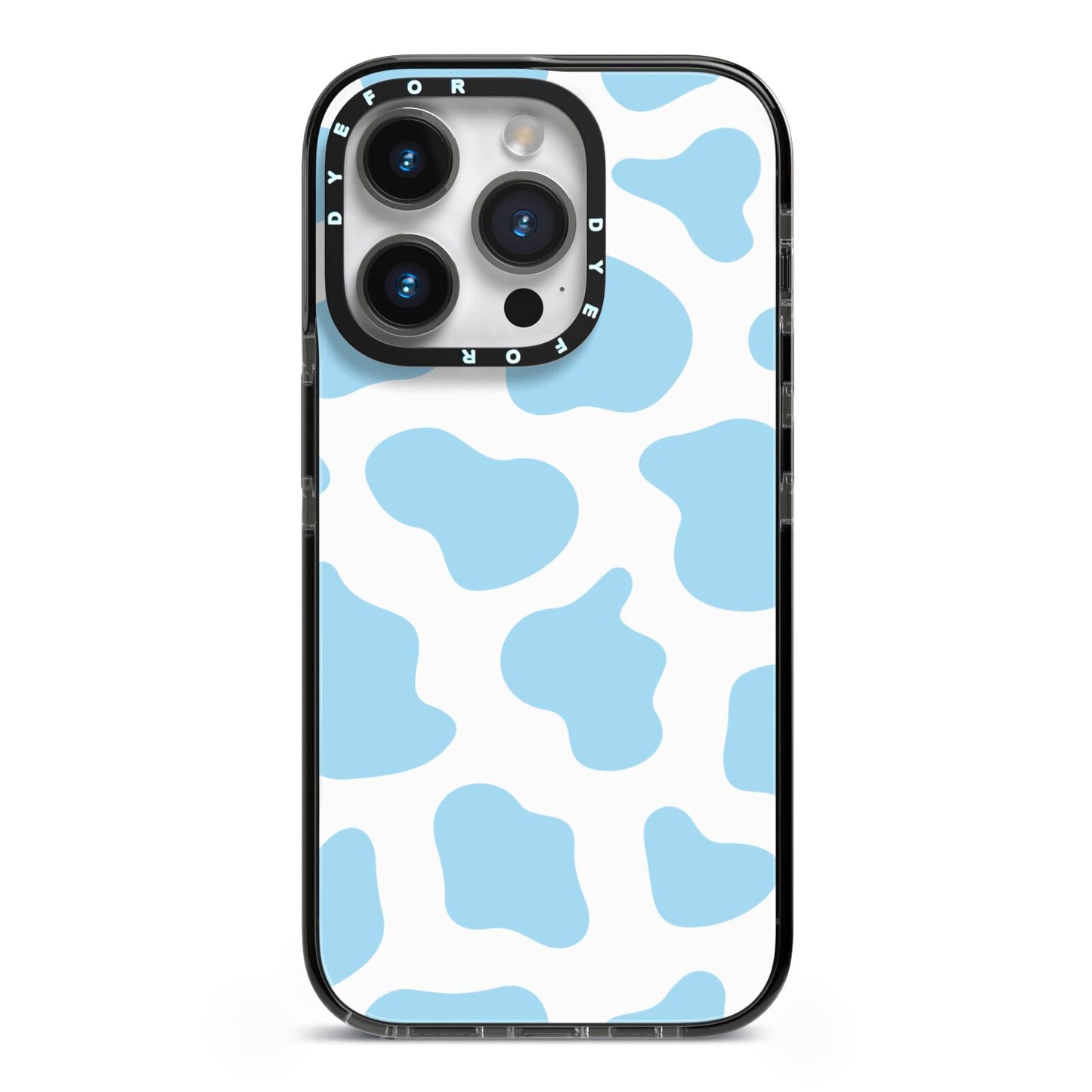 Blue Cow Print iPhone 14 Pro Black Impact Case on Silver phone