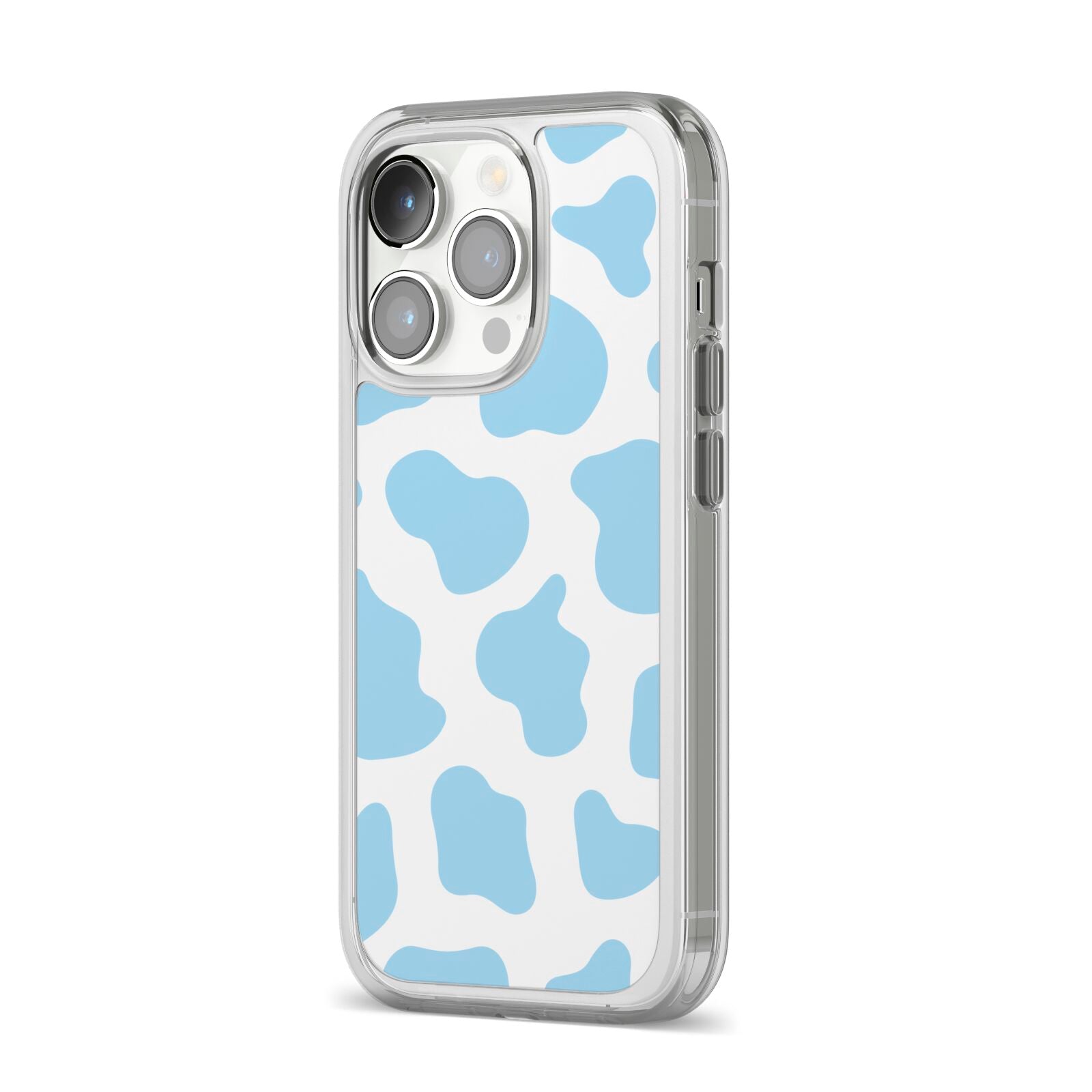 Blue Cow Print iPhone 14 Pro Clear Tough Case Silver Angled Image