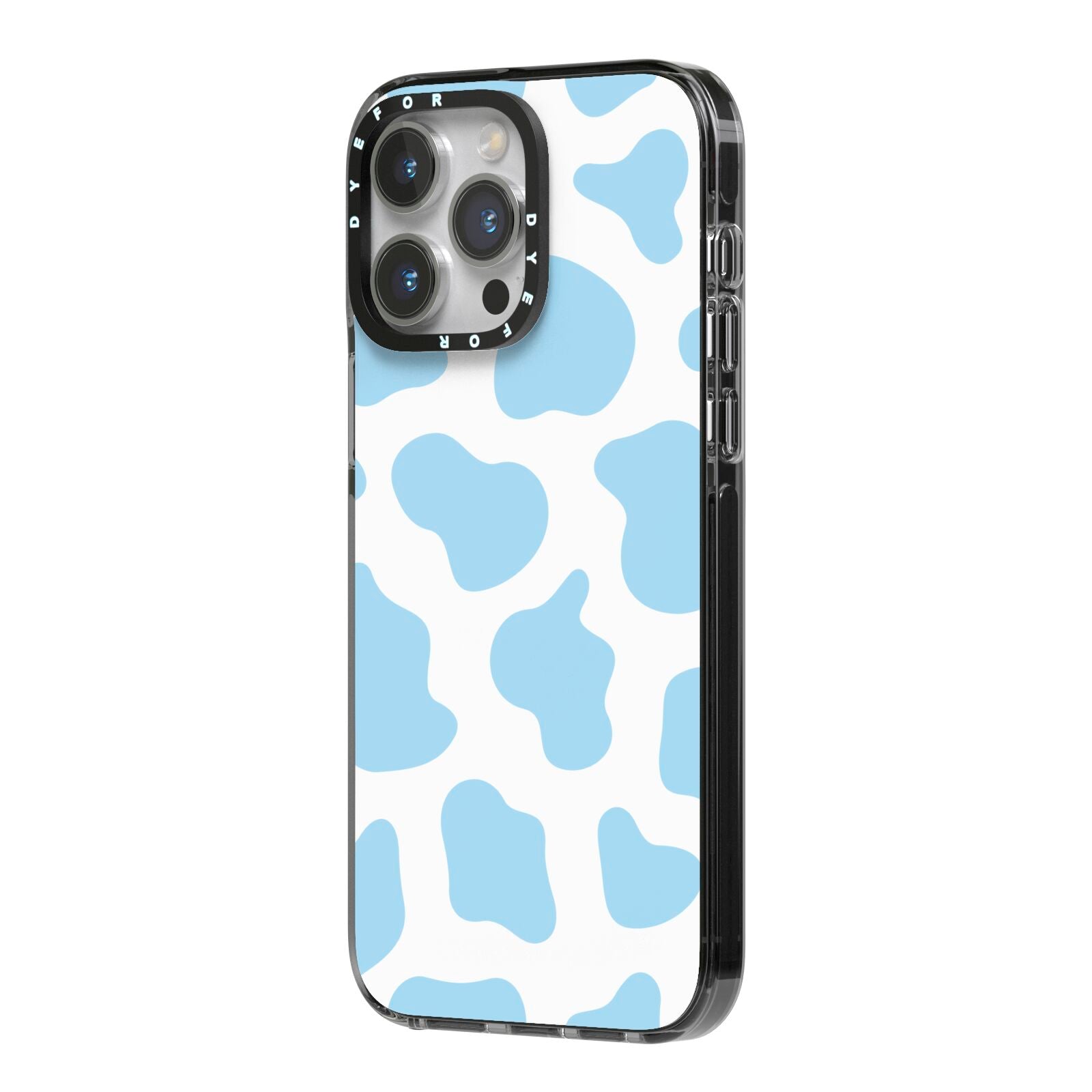 Blue Cow Print iPhone 14 Pro Max Black Impact Case Side Angle on Silver phone