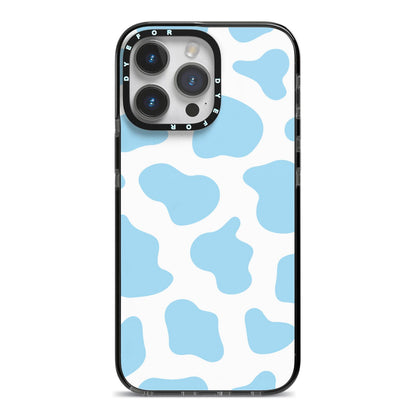 Blue Cow Print iPhone 14 Pro Max Black Impact Case on Silver phone