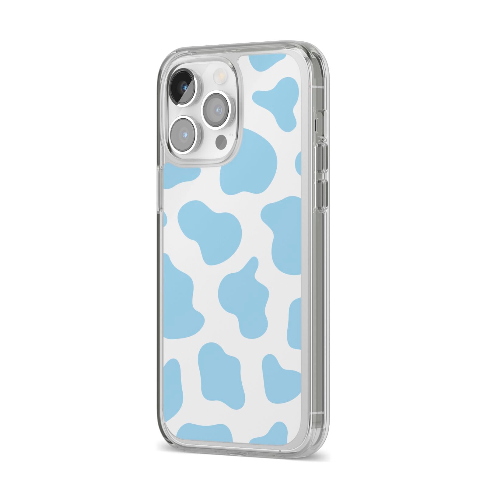 Blue Cow Print iPhone 14 Pro Max Clear Tough Case Silver Angled Image