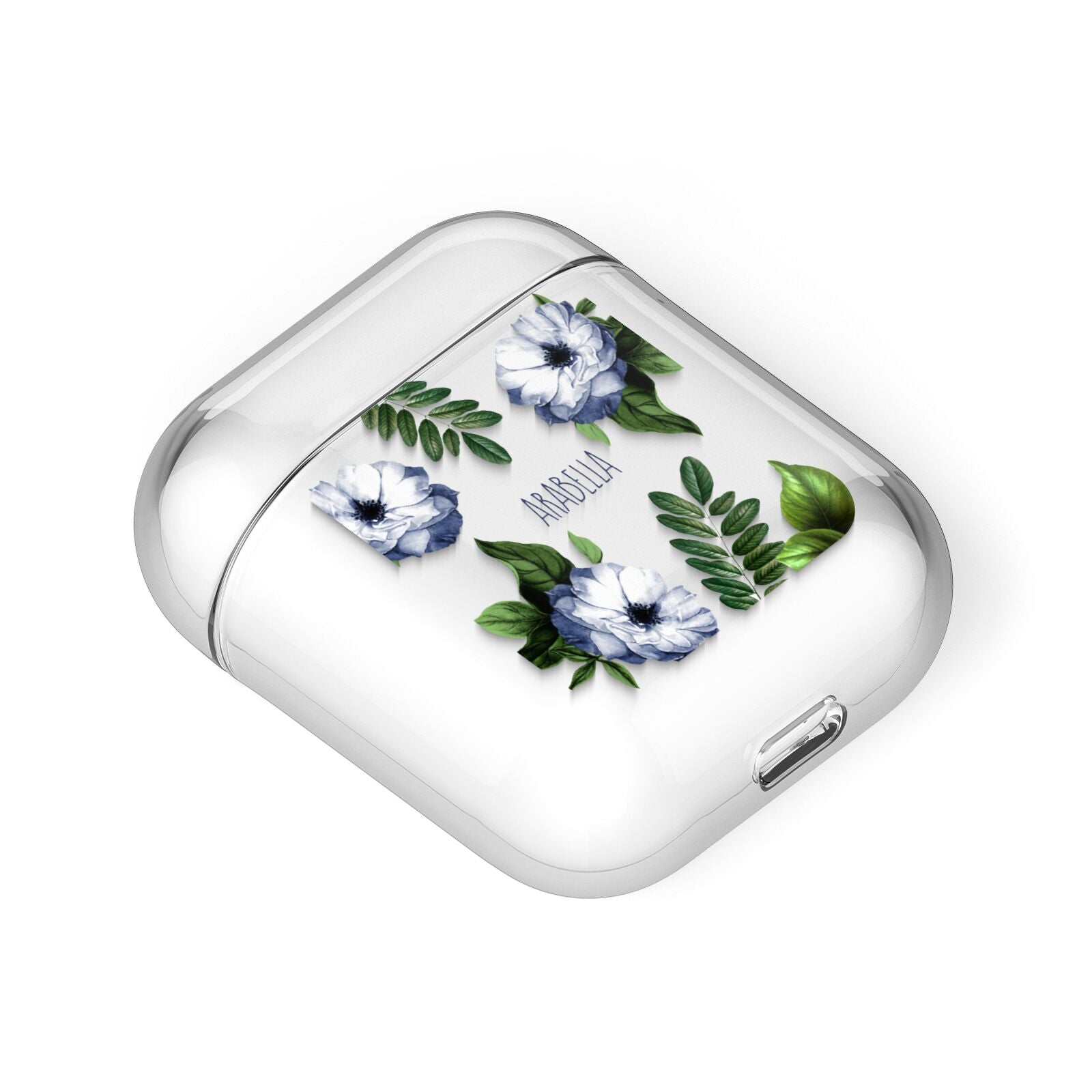 Blue Floral Personalised AirPods Case Laid Flat