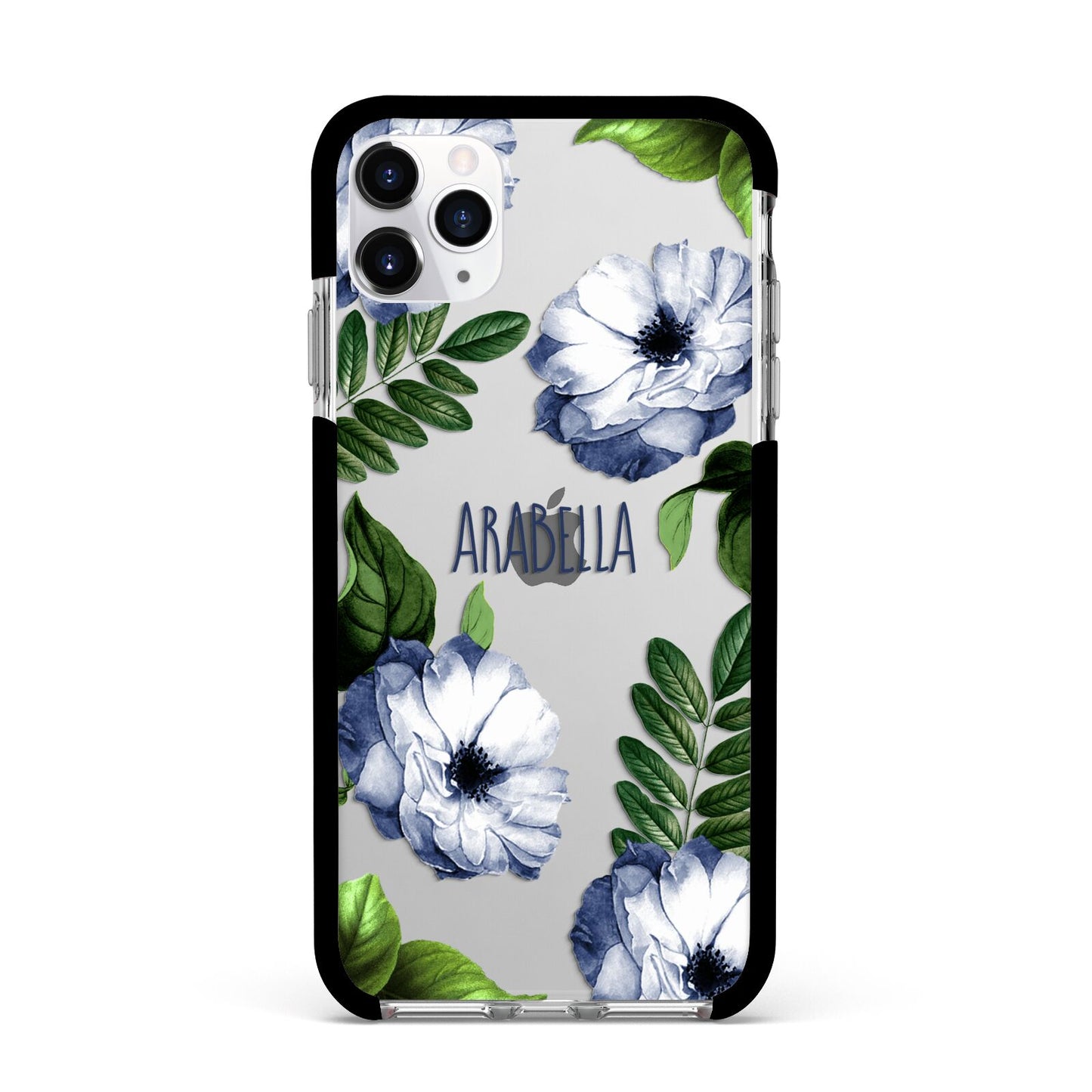 Blue Floral Personalised Apple iPhone 11 Pro Max in Silver with Black Impact Case