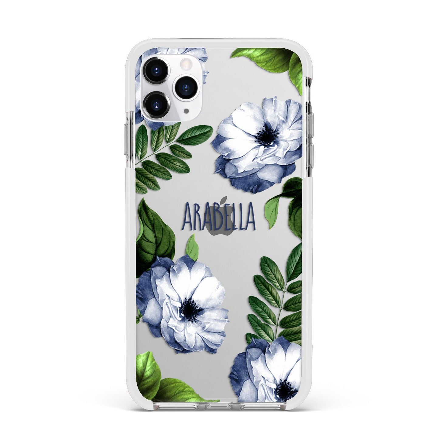 Blue Floral Personalised Apple iPhone 11 Pro Max in Silver with White Impact Case