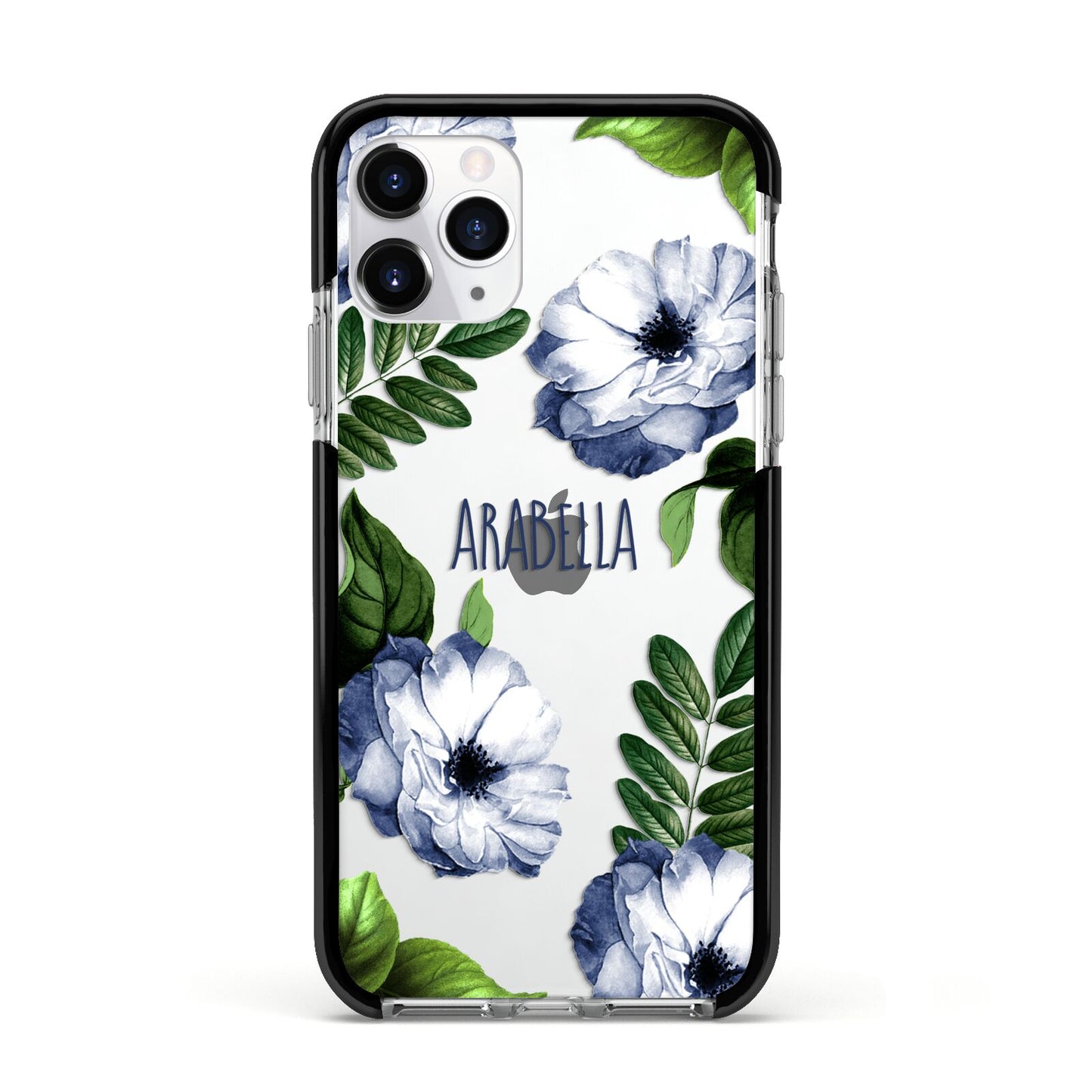 Blue Floral Personalised Apple iPhone 11 Pro in Silver with Black Impact Case