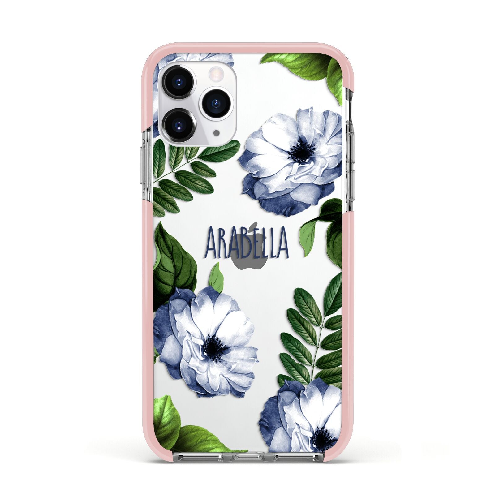 Blue Floral Personalised Apple iPhone 11 Pro in Silver with Pink Impact Case