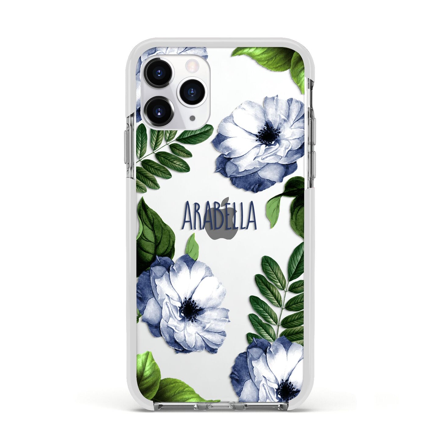 Blue Floral Personalised Apple iPhone 11 Pro in Silver with White Impact Case