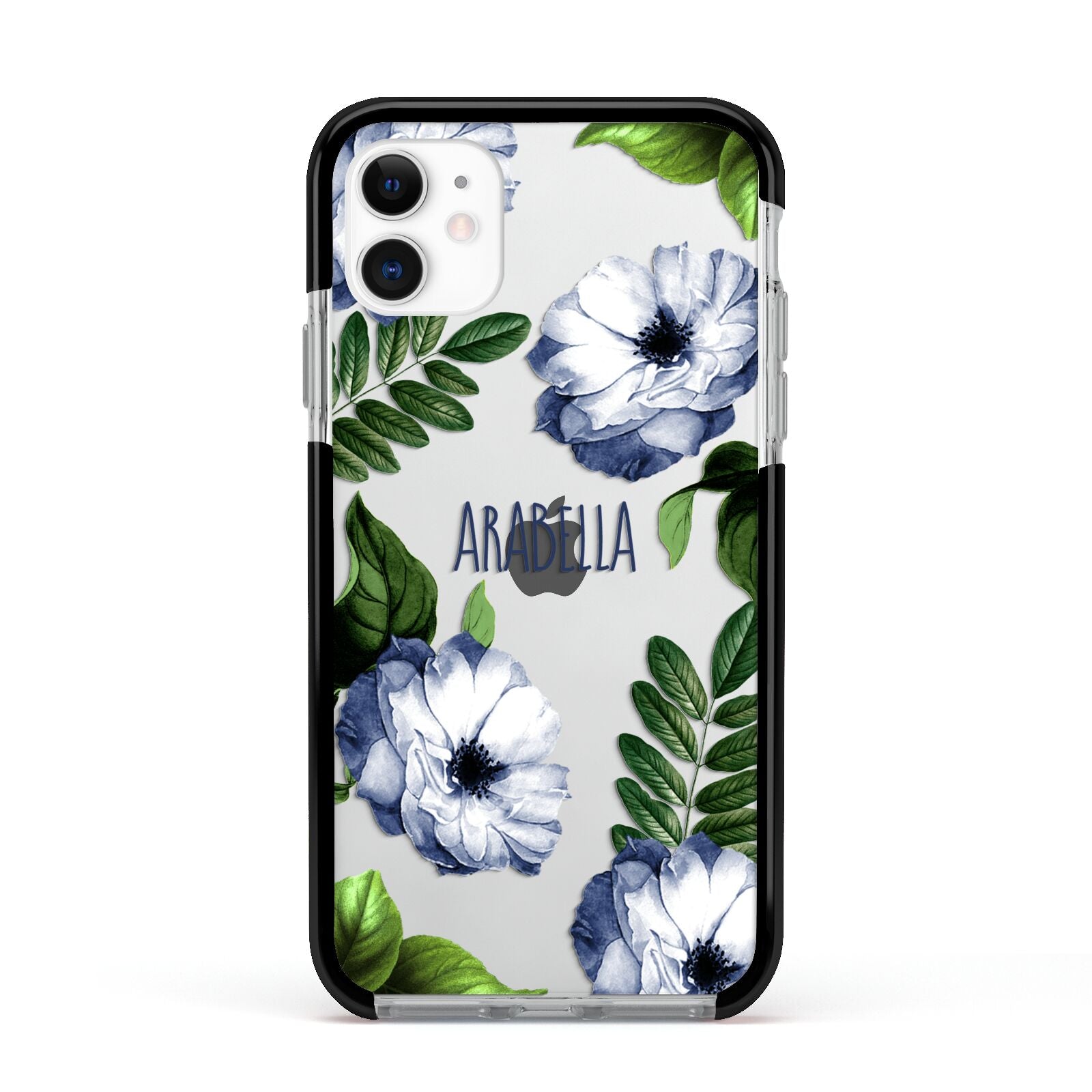 Blue Floral Personalised Apple iPhone 11 in White with Black Impact Case