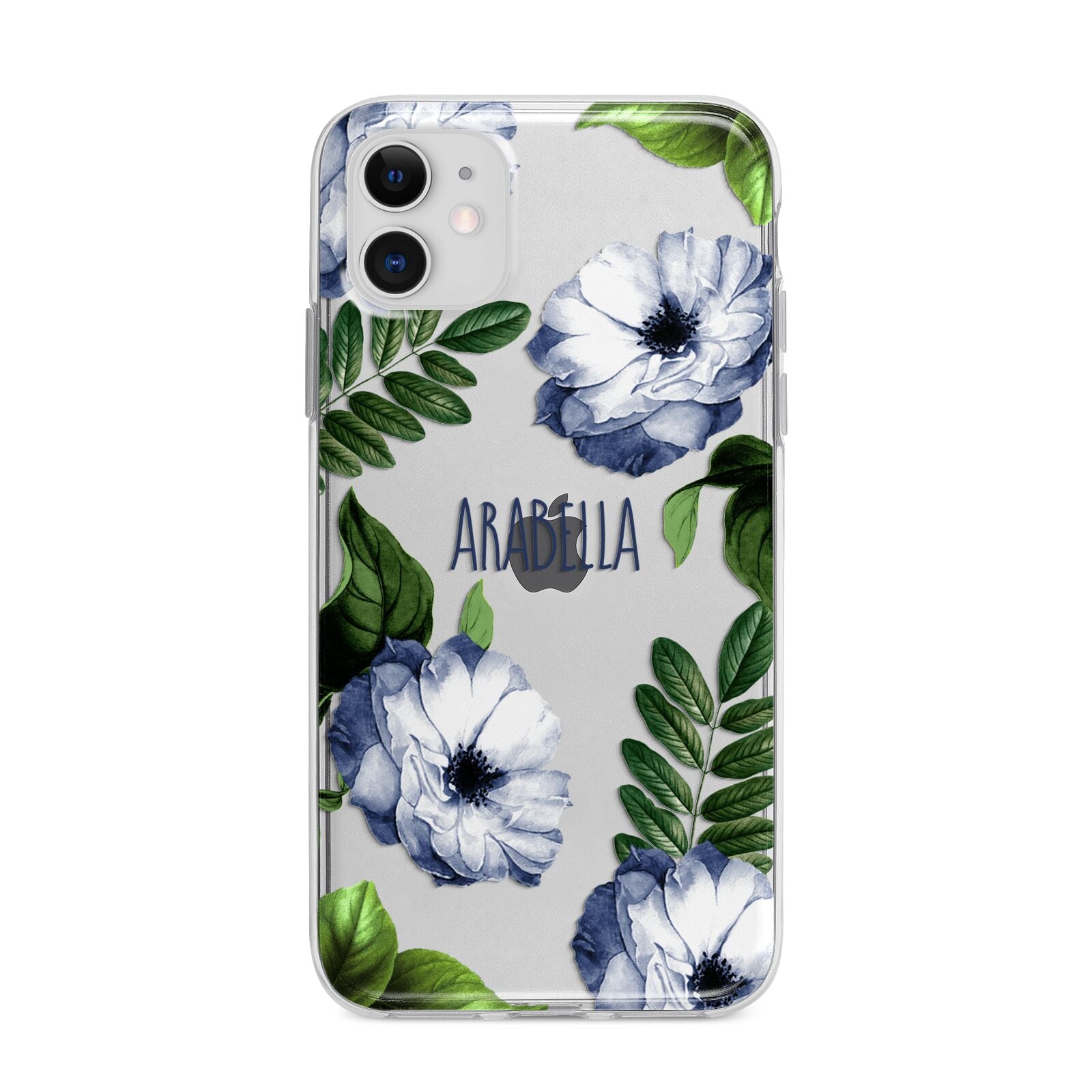 Blue Floral Personalised Apple iPhone 11 in White with Bumper Case