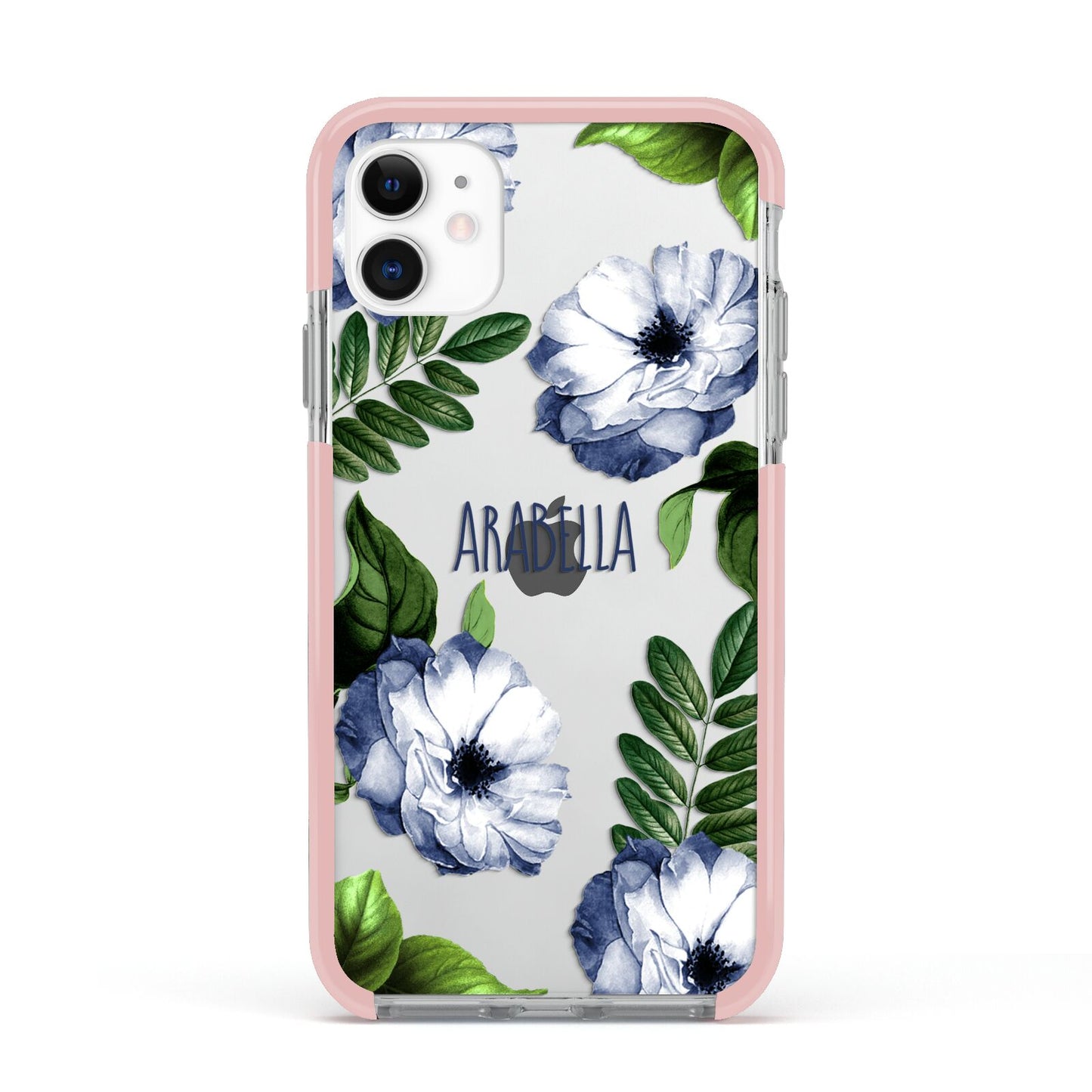 Blue Floral Personalised Apple iPhone 11 in White with Pink Impact Case