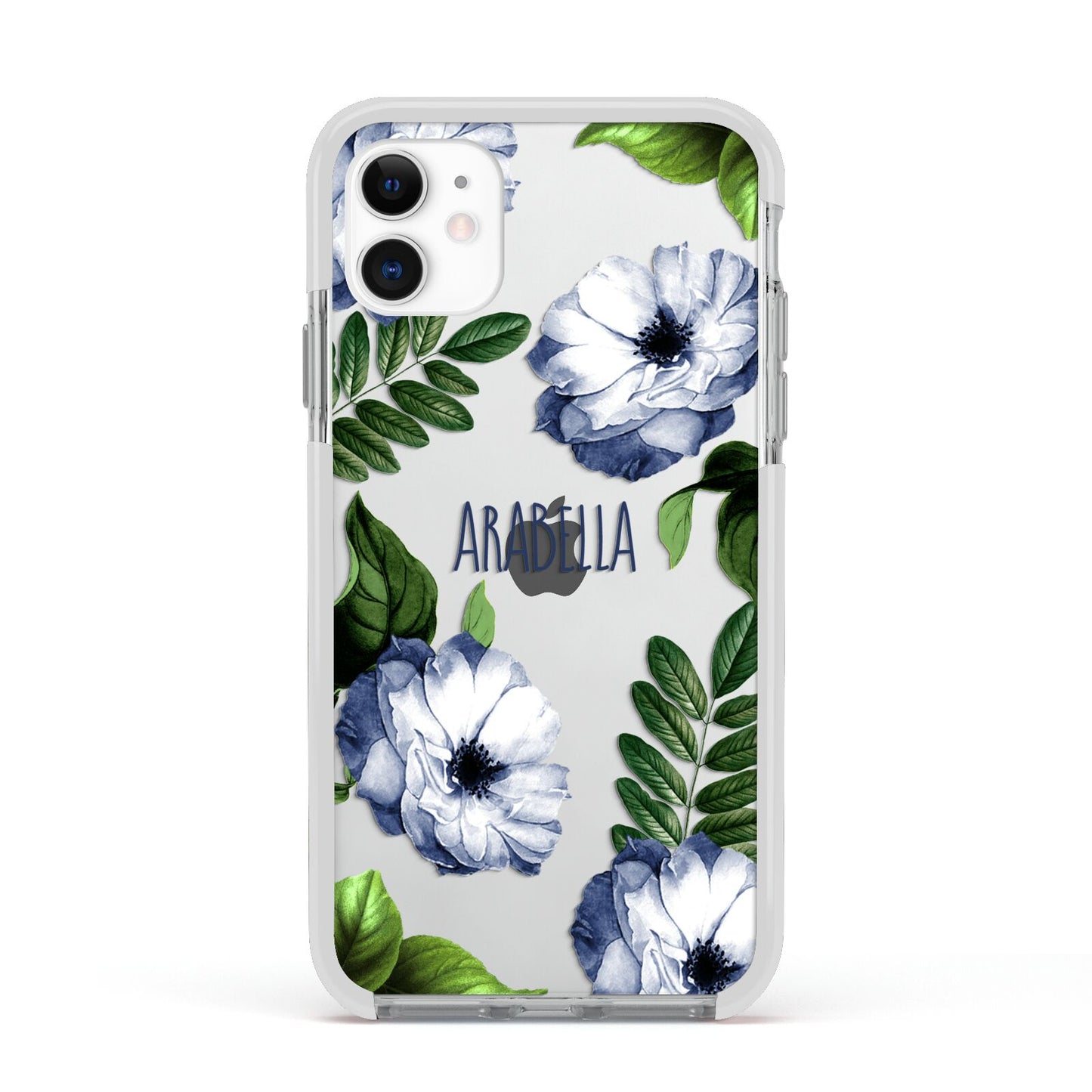 Blue Floral Personalised Apple iPhone 11 in White with White Impact Case