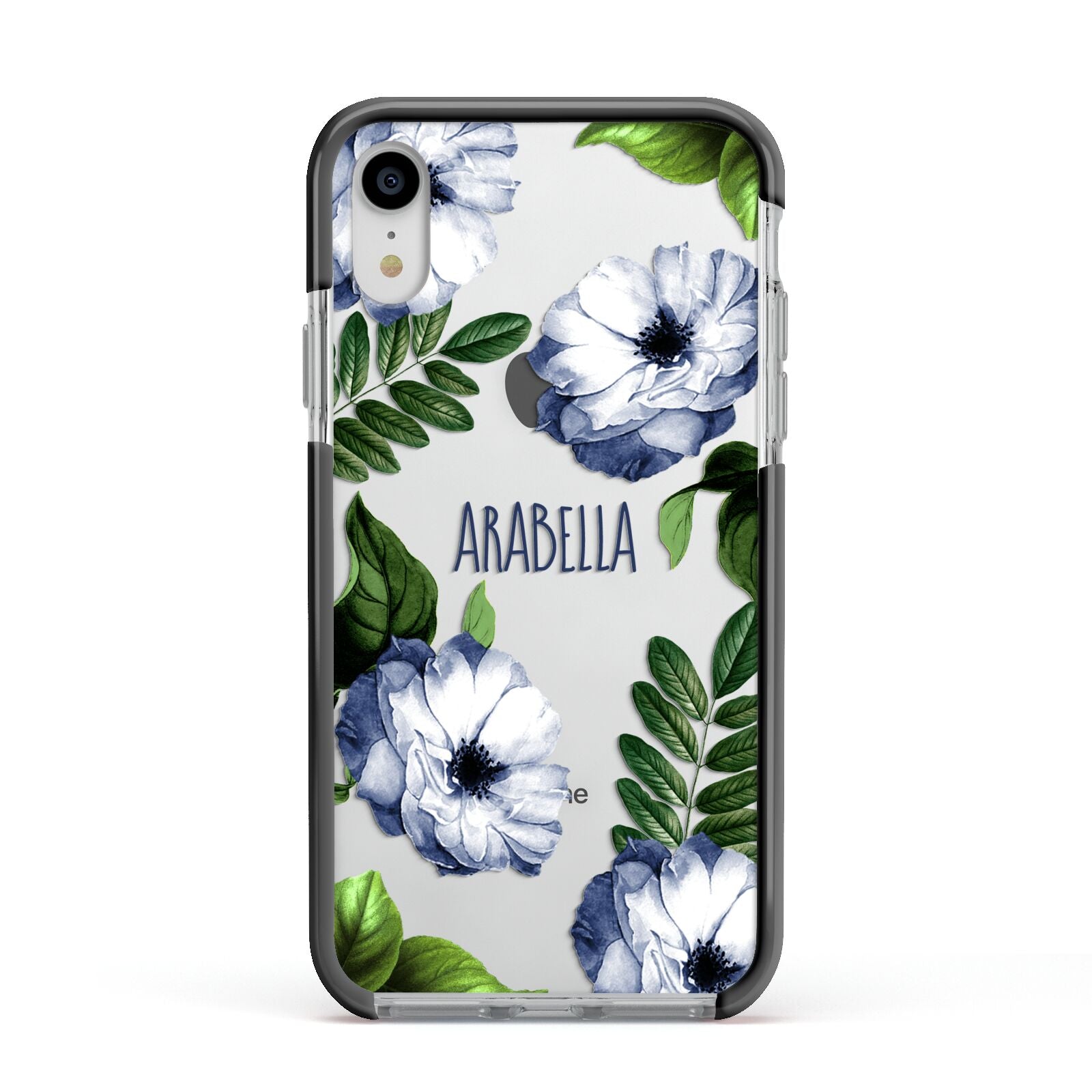 Blue Floral Personalised Apple iPhone XR Impact Case Black Edge on Silver Phone