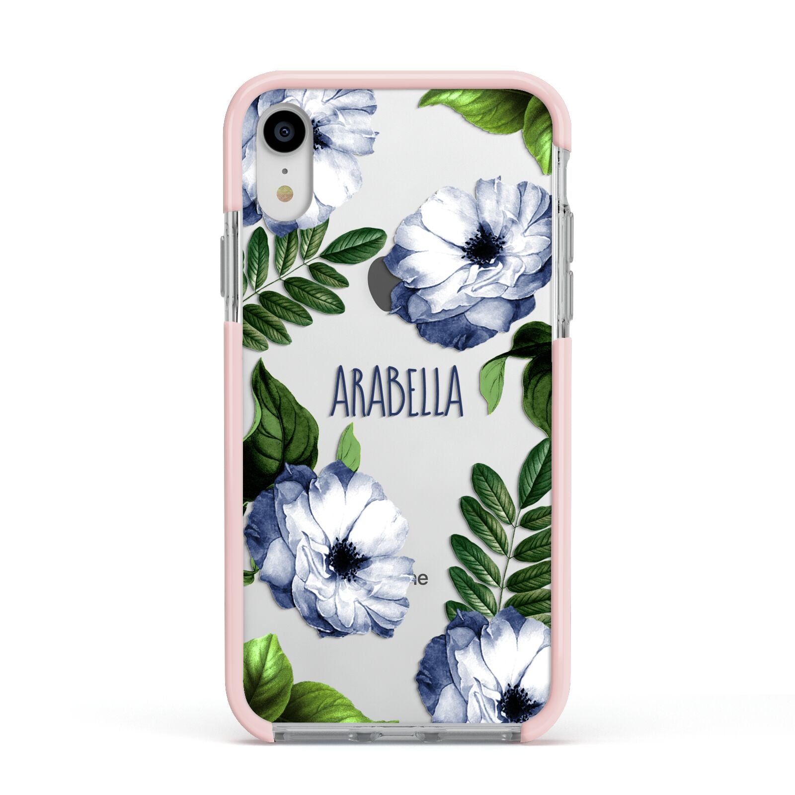 Blue Floral Personalised Apple iPhone XR Impact Case Pink Edge on Silver Phone