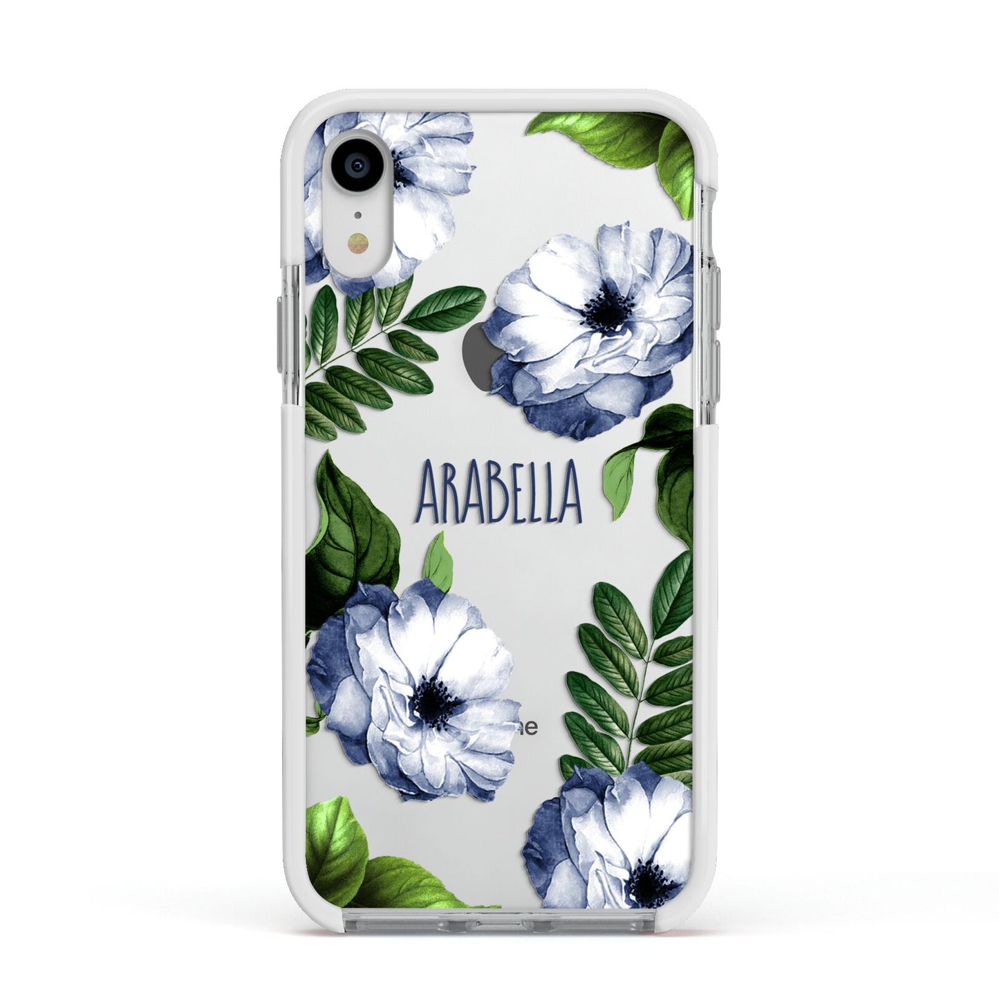 Blue Floral Personalised Apple iPhone XR Impact Case White Edge on Silver Phone