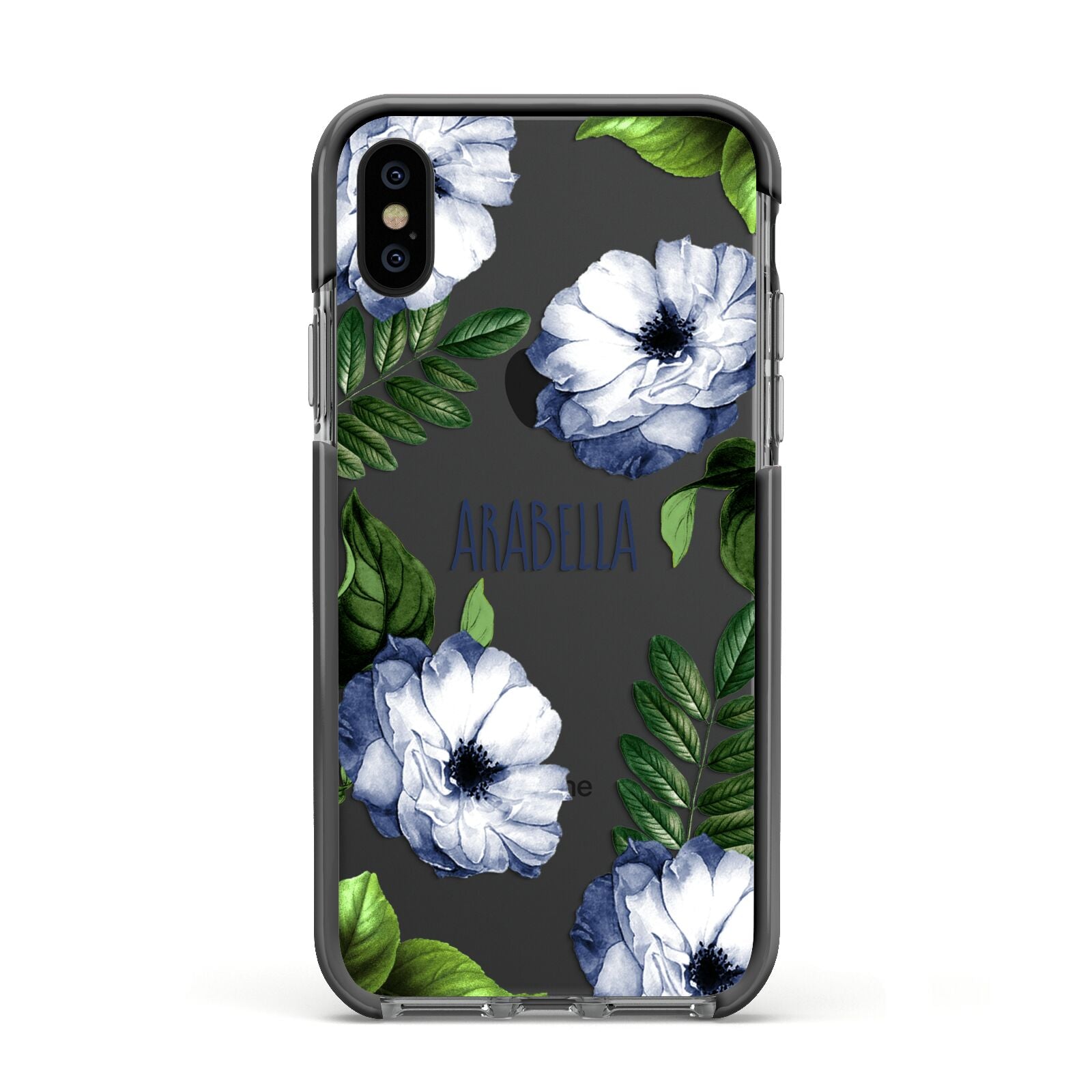 Blue Floral Personalised Apple iPhone Xs Impact Case Black Edge on Black Phone