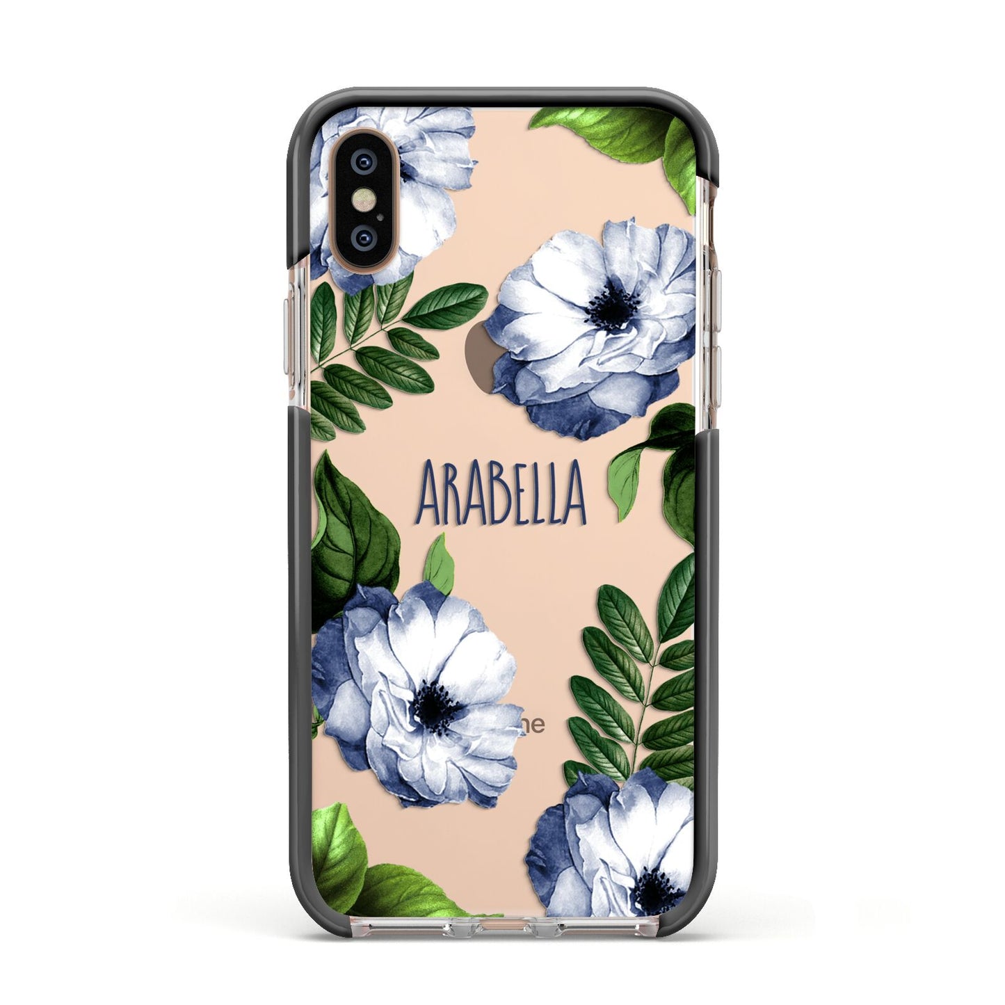 Blue Floral Personalised Apple iPhone Xs Impact Case Black Edge on Gold Phone