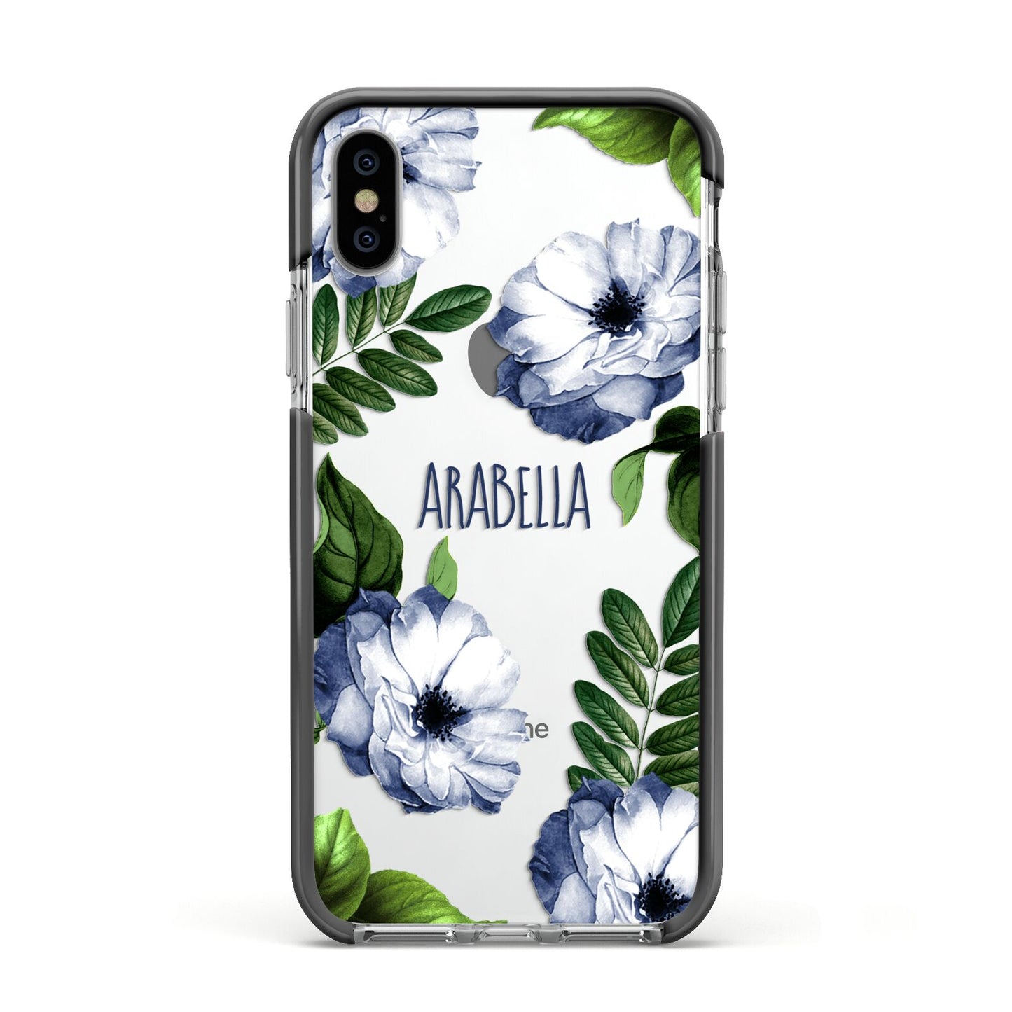 Blue Floral Personalised Apple iPhone Xs Impact Case Black Edge on Silver Phone