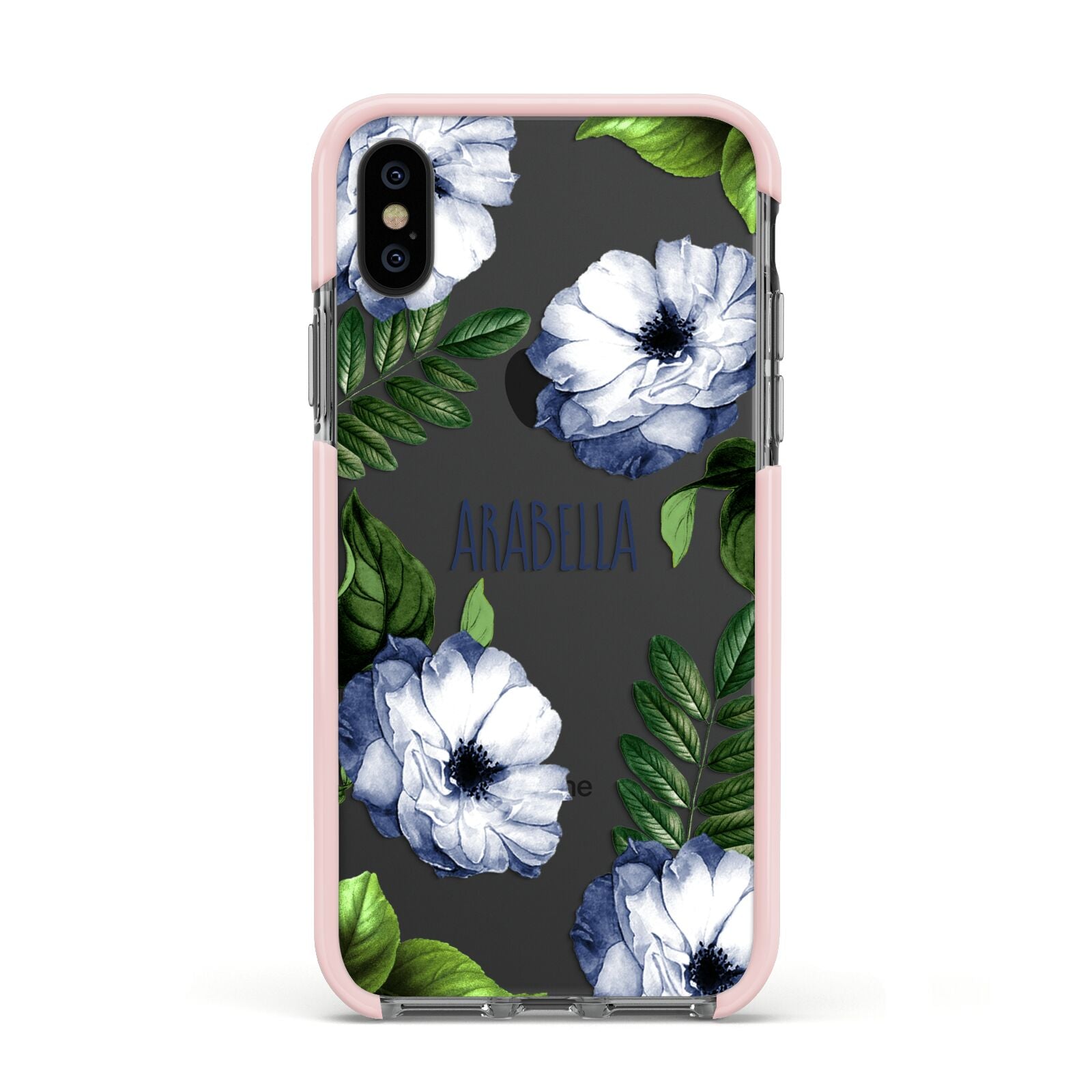 Blue Floral Personalised Apple iPhone Xs Impact Case Pink Edge on Black Phone