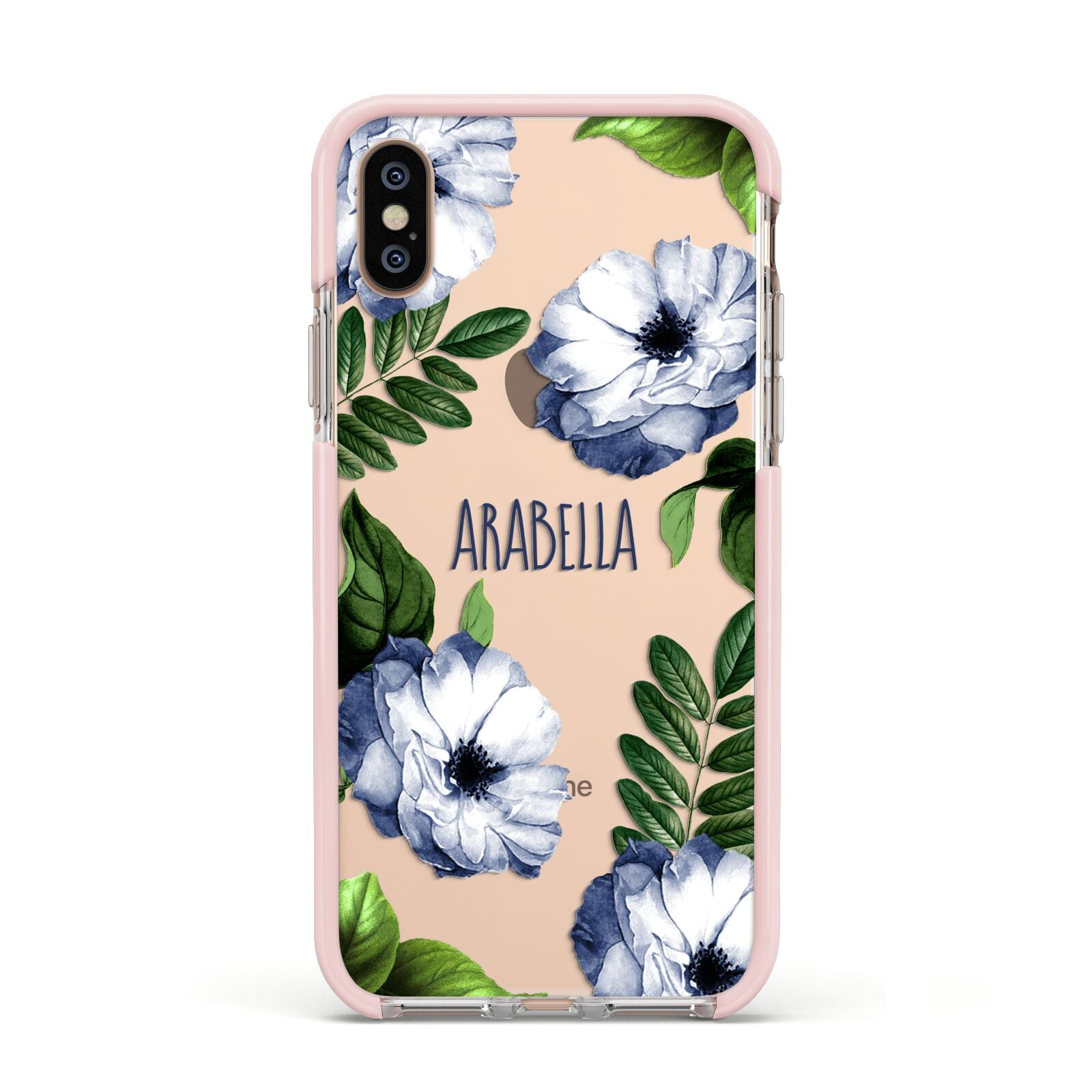 Blue Floral Personalised Apple iPhone Xs Impact Case Pink Edge on Gold Phone