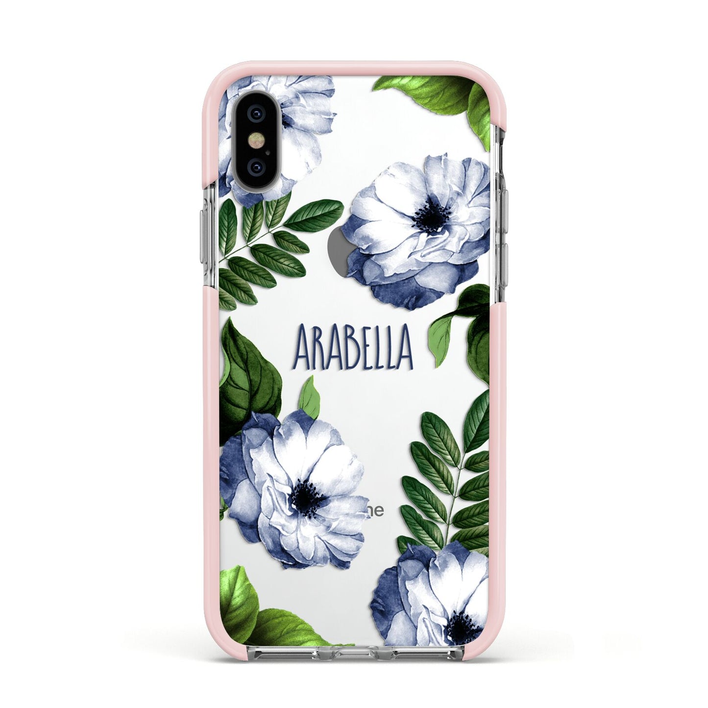 Blue Floral Personalised Apple iPhone Xs Impact Case Pink Edge on Silver Phone