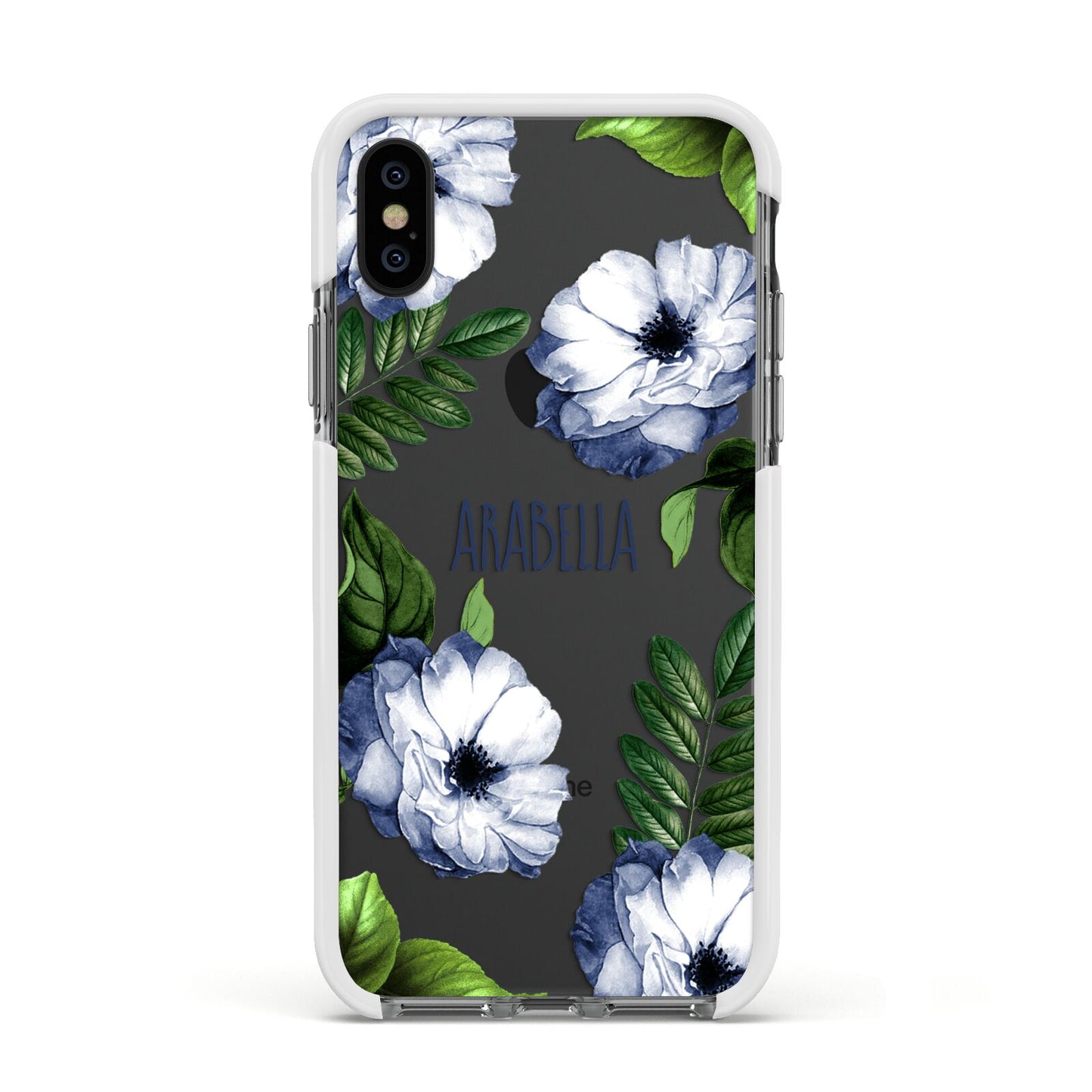 Blue Floral Personalised Apple iPhone Xs Impact Case White Edge on Black Phone