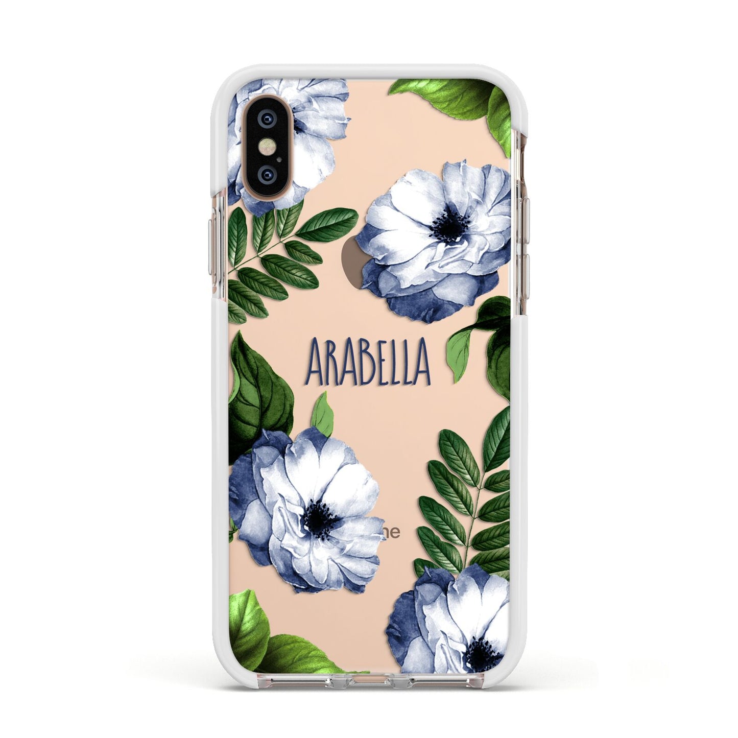 Blue Floral Personalised Apple iPhone Xs Impact Case White Edge on Gold Phone