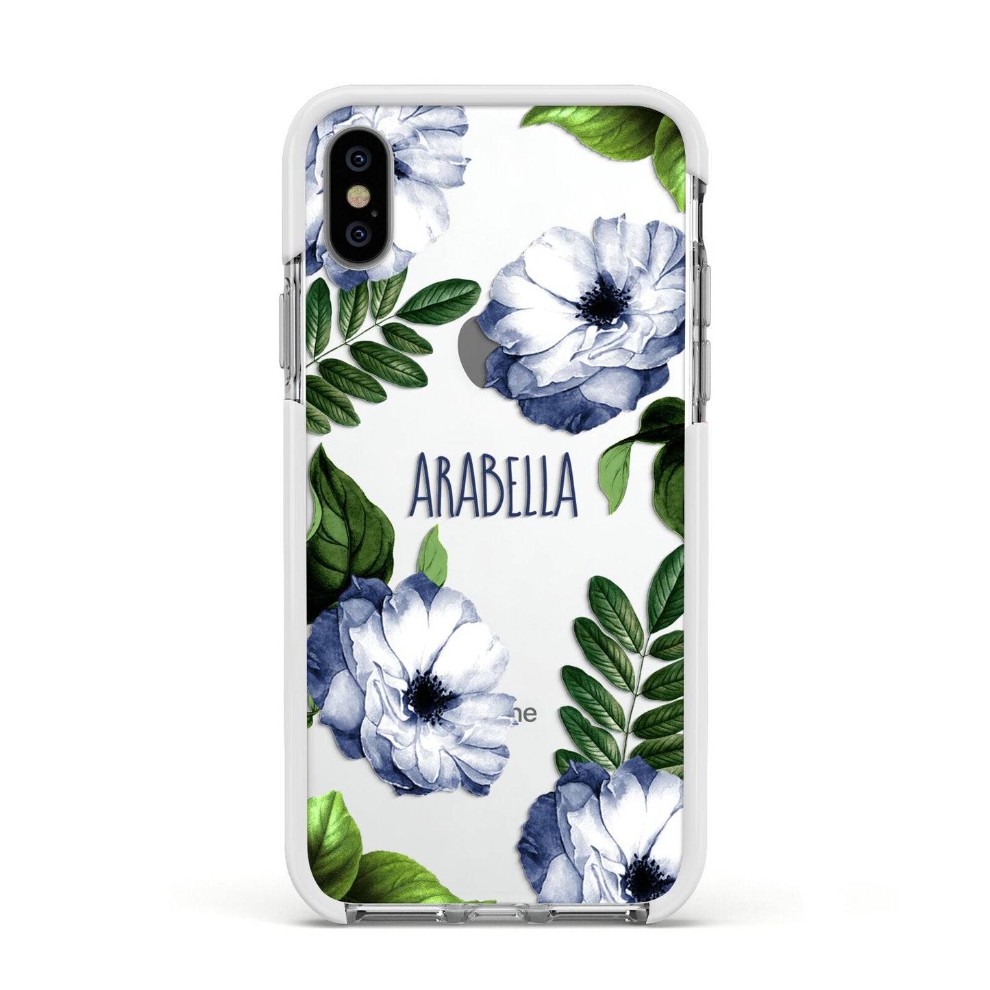 Blue Floral Personalised Apple iPhone Xs Impact Case White Edge on Silver Phone