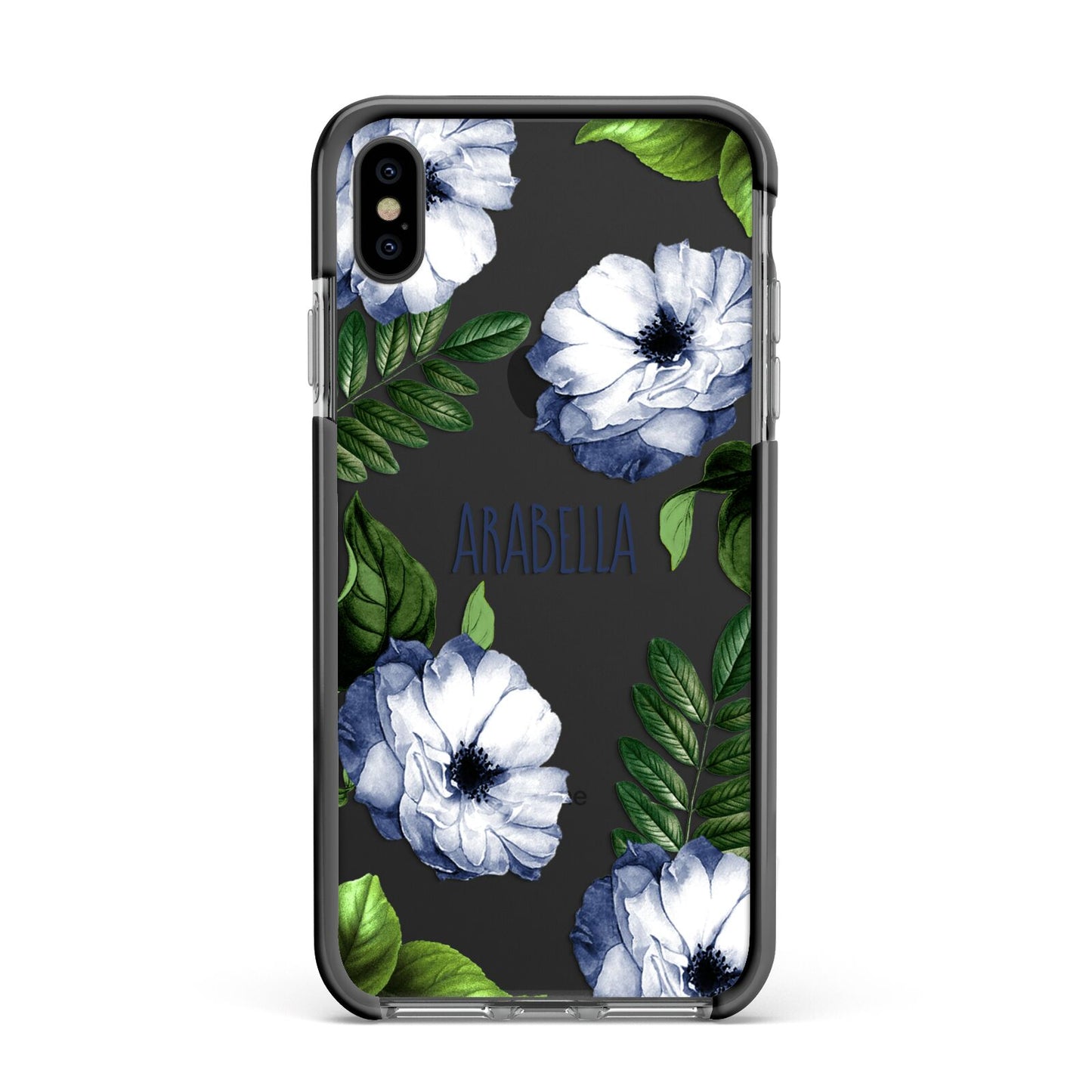 Blue Floral Personalised Apple iPhone Xs Max Impact Case Black Edge on Black Phone