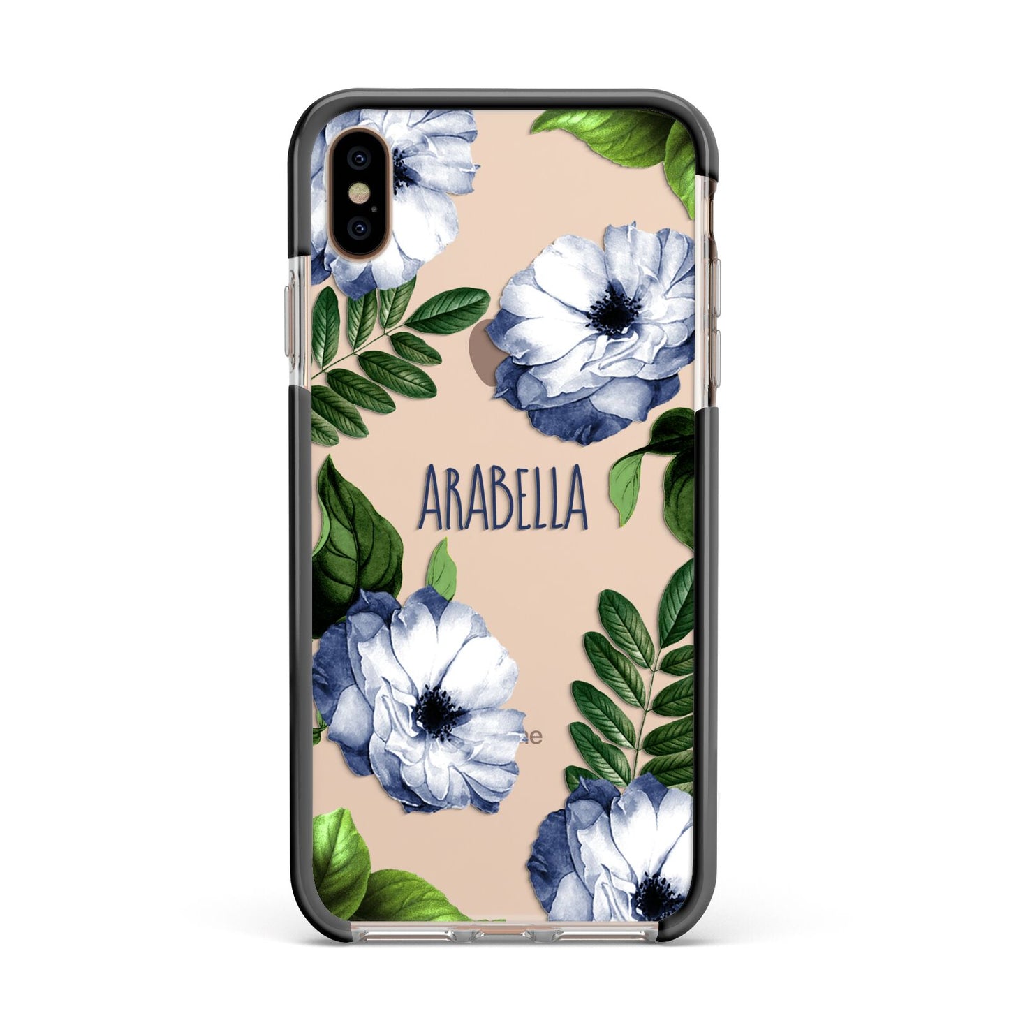 Blue Floral Personalised Apple iPhone Xs Max Impact Case Black Edge on Gold Phone