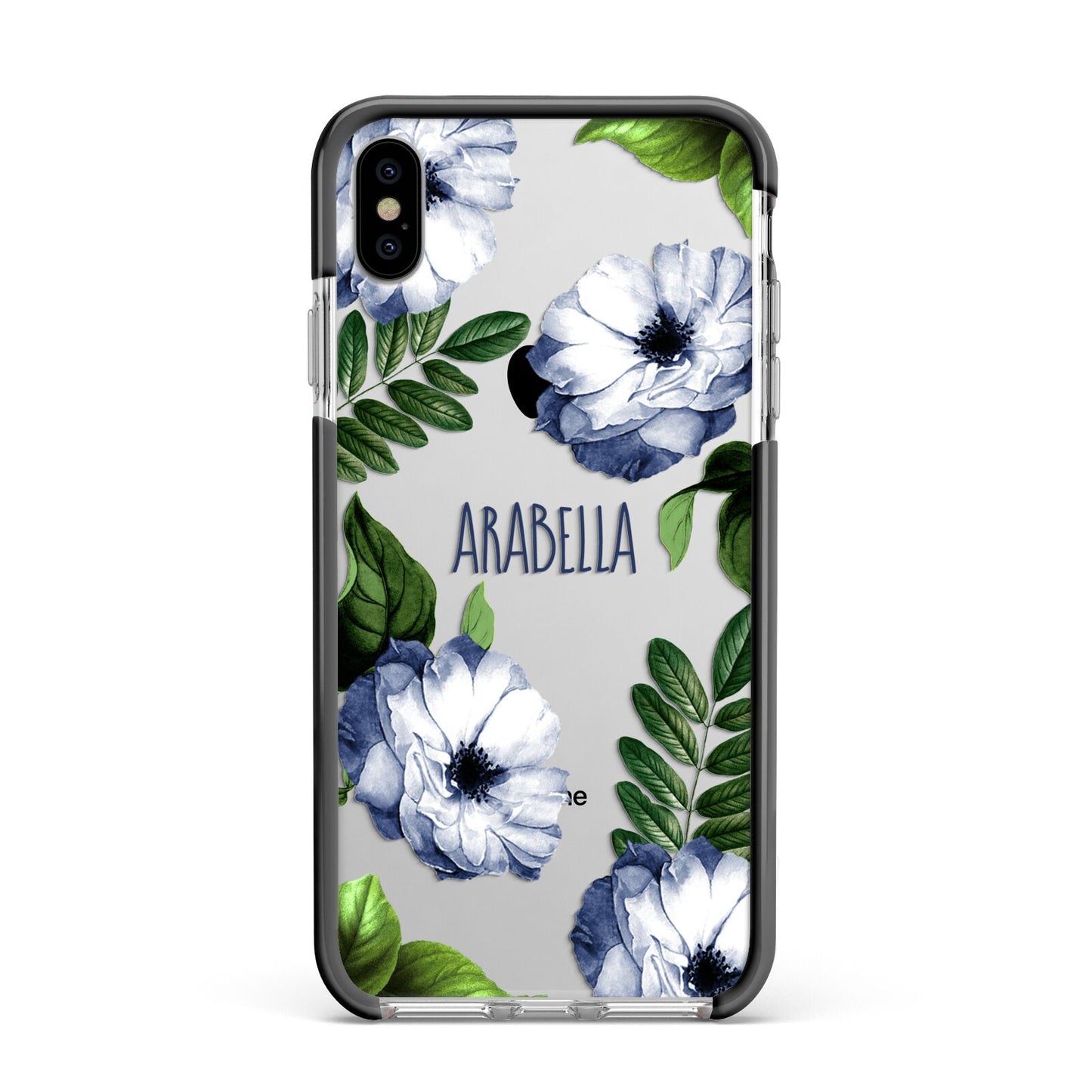 Blue Floral Personalised Apple iPhone Xs Max Impact Case Black Edge on Silver Phone