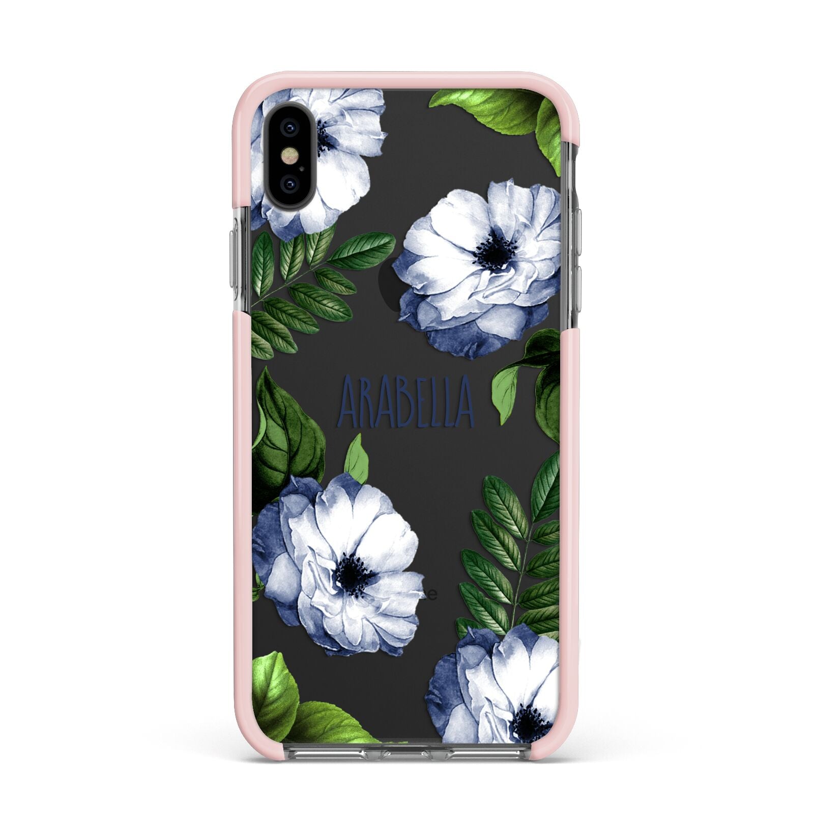 Blue Floral Personalised Apple iPhone Xs Max Impact Case Pink Edge on Black Phone