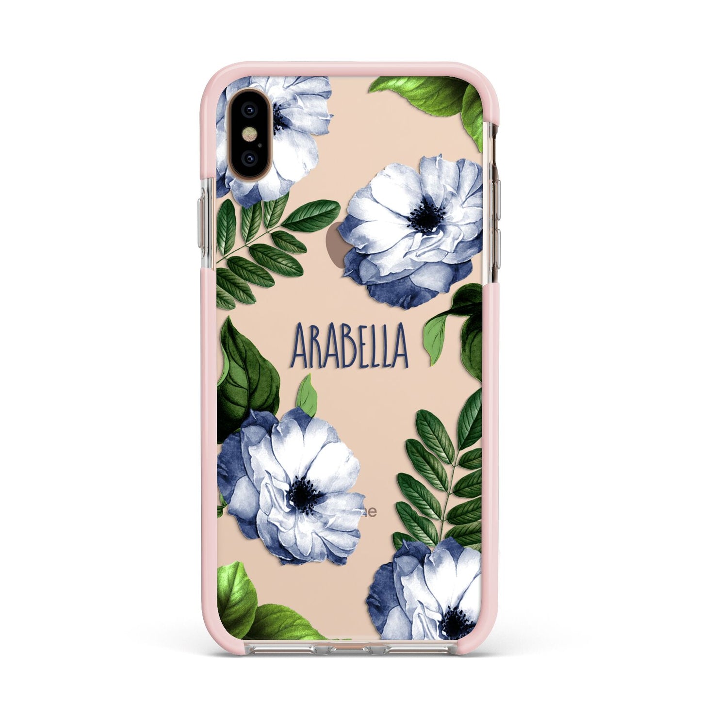 Blue Floral Personalised Apple iPhone Xs Max Impact Case Pink Edge on Gold Phone