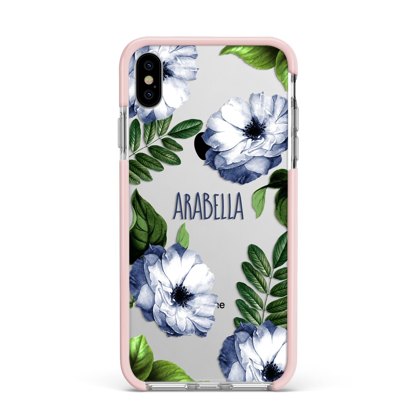 Blue Floral Personalised Apple iPhone Xs Max Impact Case Pink Edge on Silver Phone