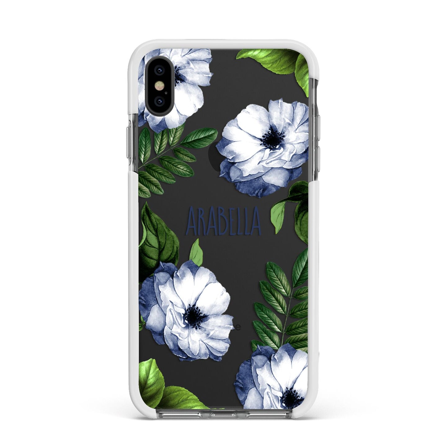 Blue Floral Personalised Apple iPhone Xs Max Impact Case White Edge on Black Phone