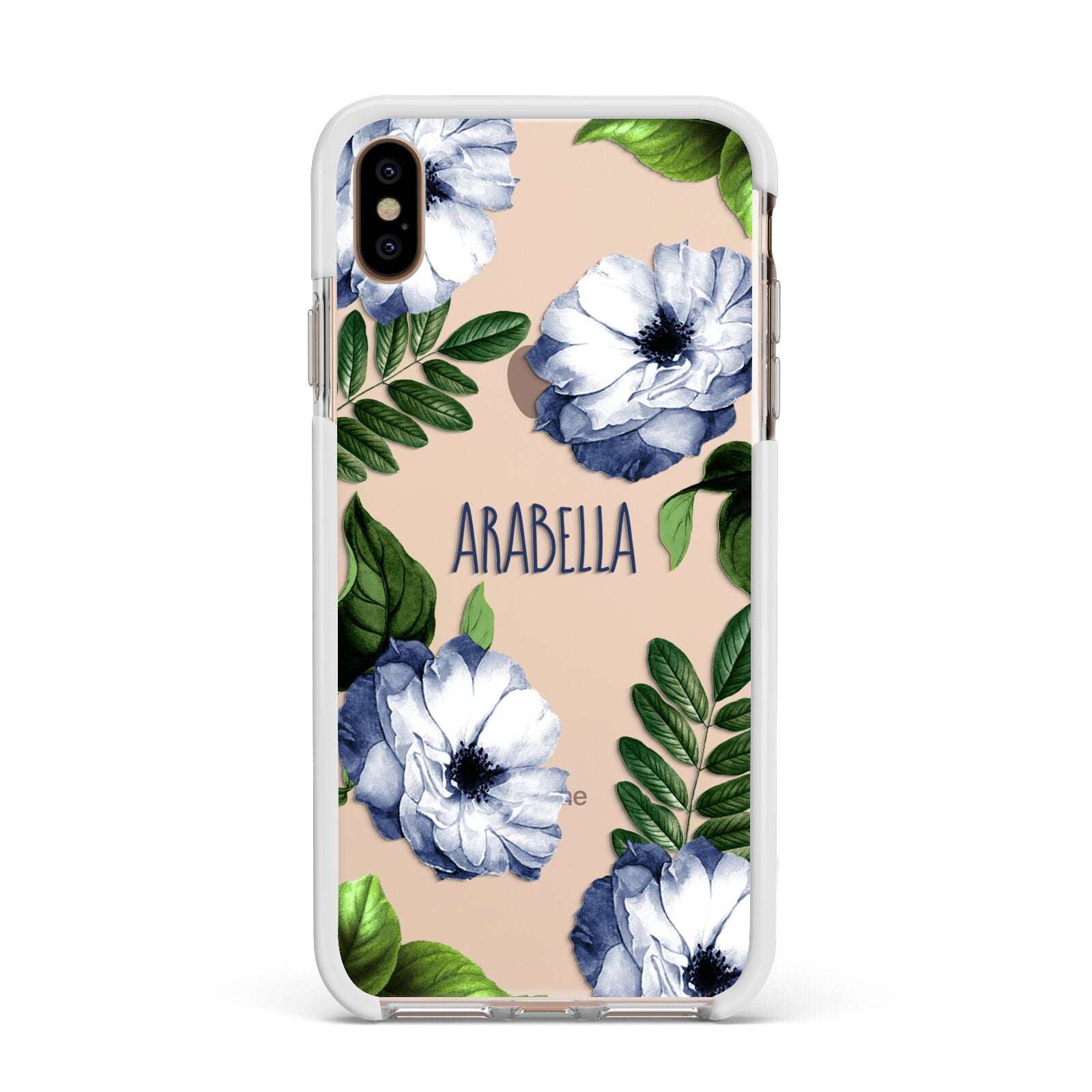 Blue Floral Personalised Apple iPhone Xs Max Impact Case White Edge on Gold Phone