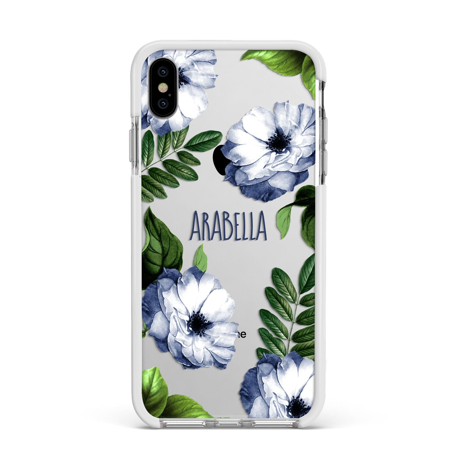 Blue Floral Personalised Apple iPhone Xs Max Impact Case White Edge on Silver Phone