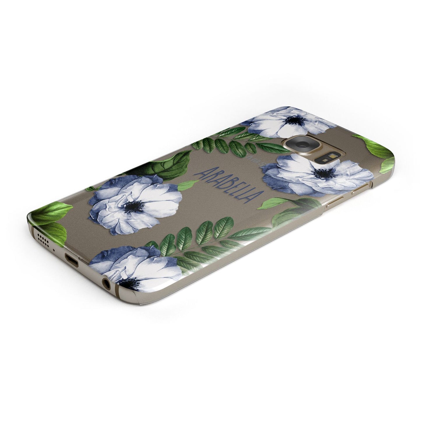 Blue Floral Personalised Protective Samsung Galaxy Case Angled Image