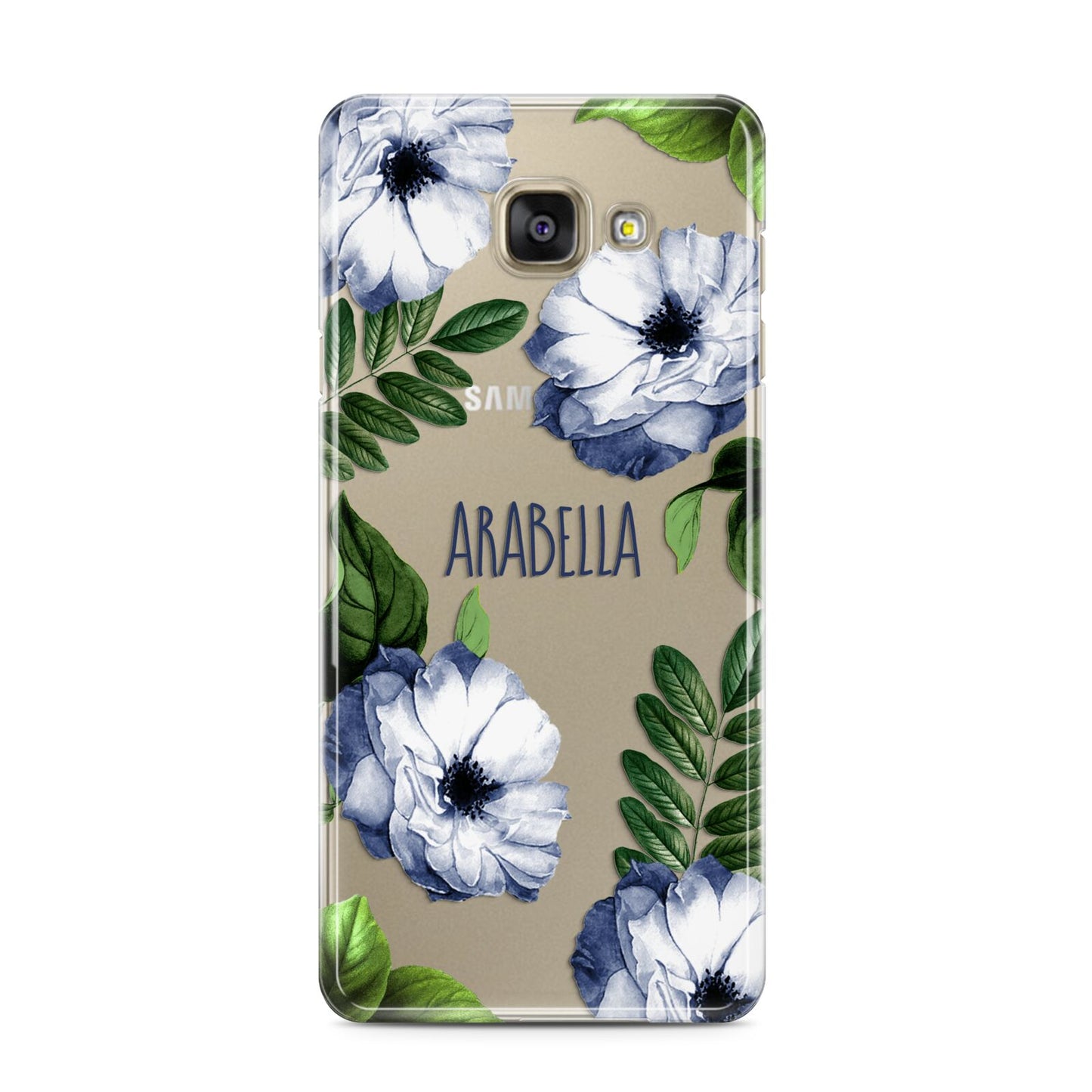 Blue Floral Personalised Samsung Galaxy A3 2016 Case on gold phone