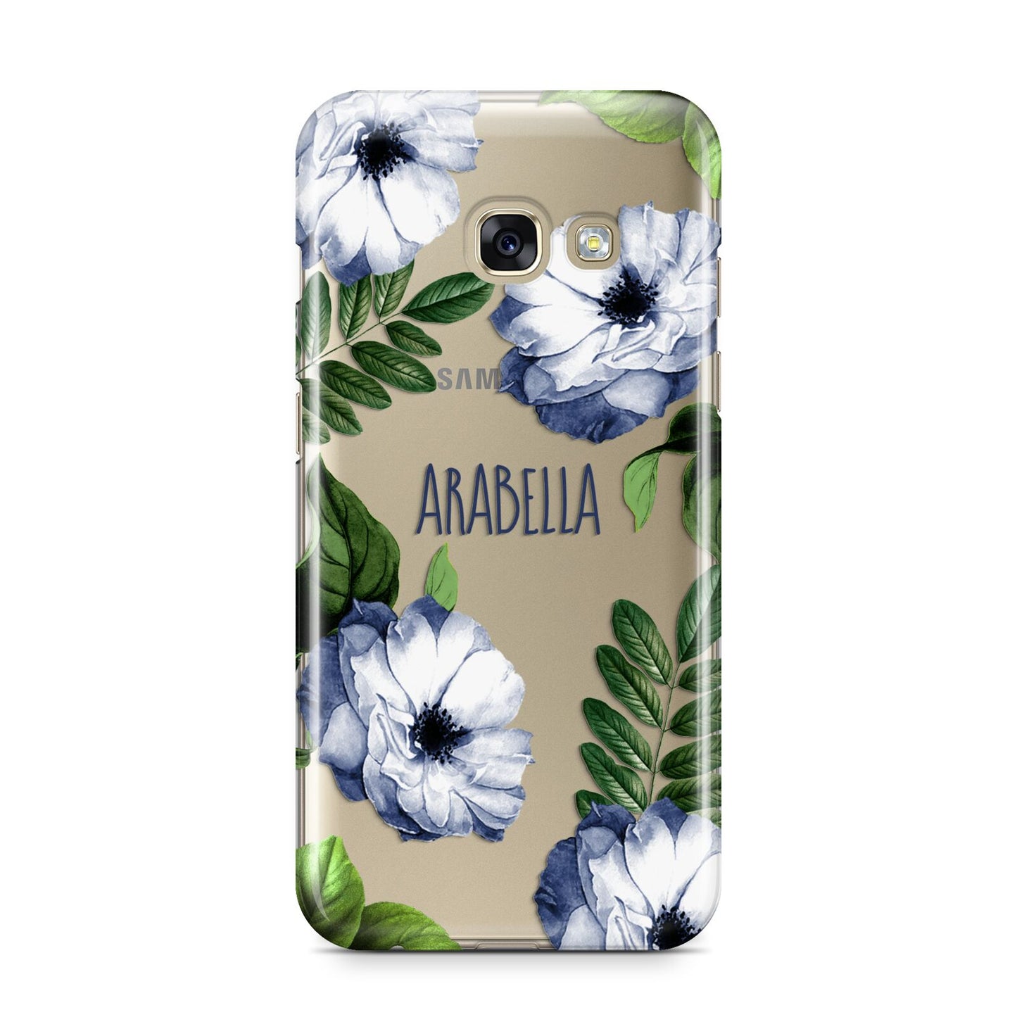 Blue Floral Personalised Samsung Galaxy A3 2017 Case on gold phone