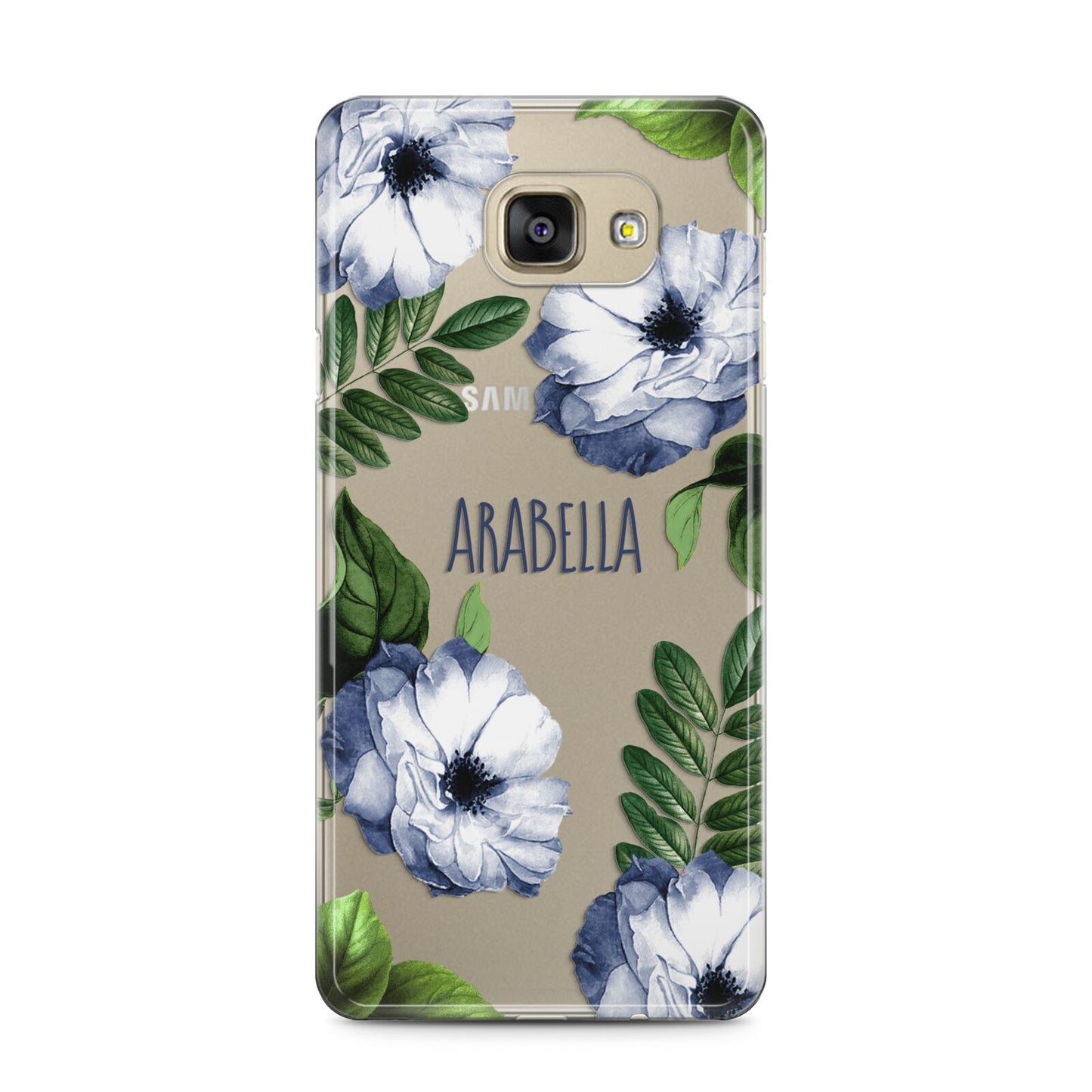 Blue Floral Personalised Samsung Galaxy A5 2016 Case on gold phone