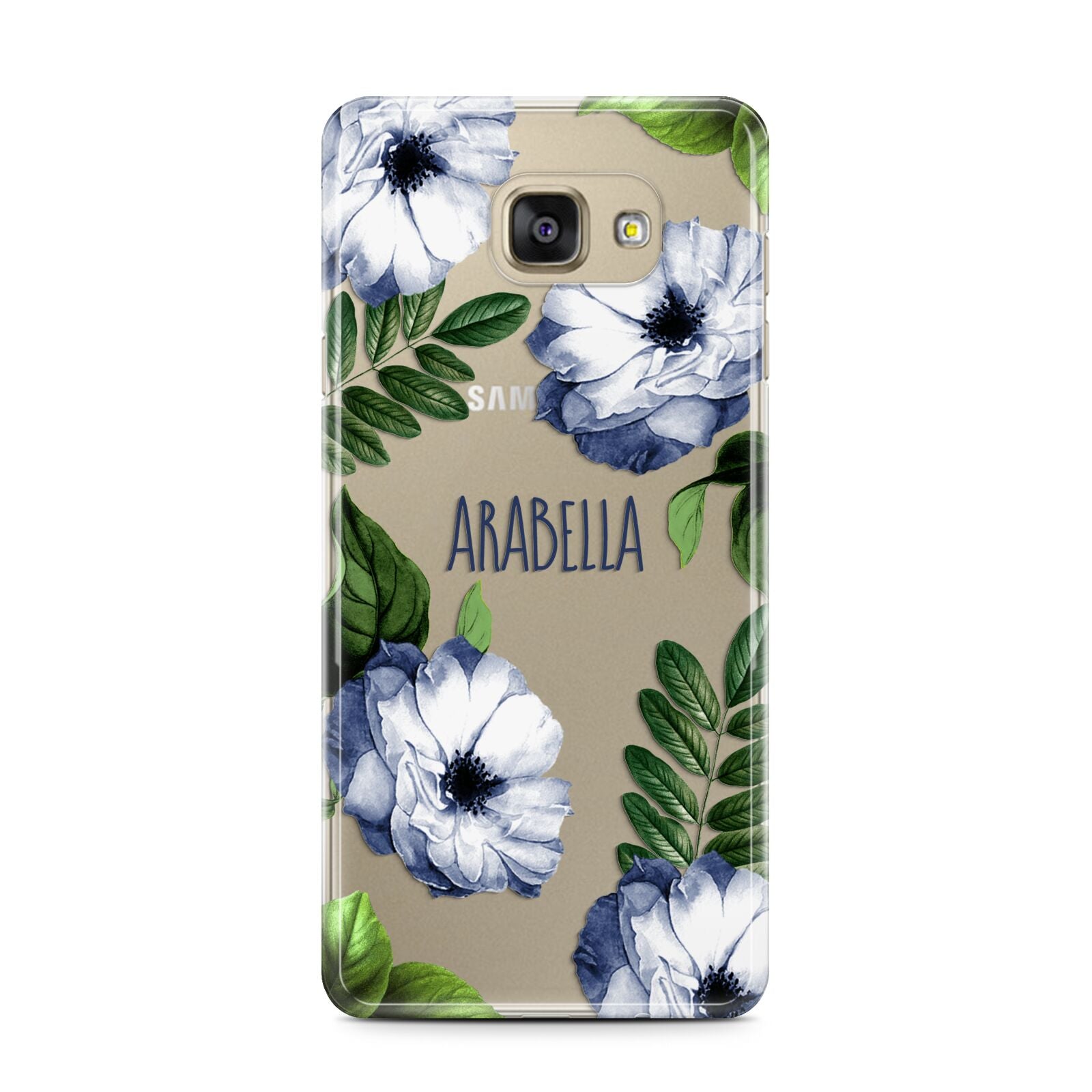 Blue Floral Personalised Samsung Galaxy A7 2016 Case on gold phone